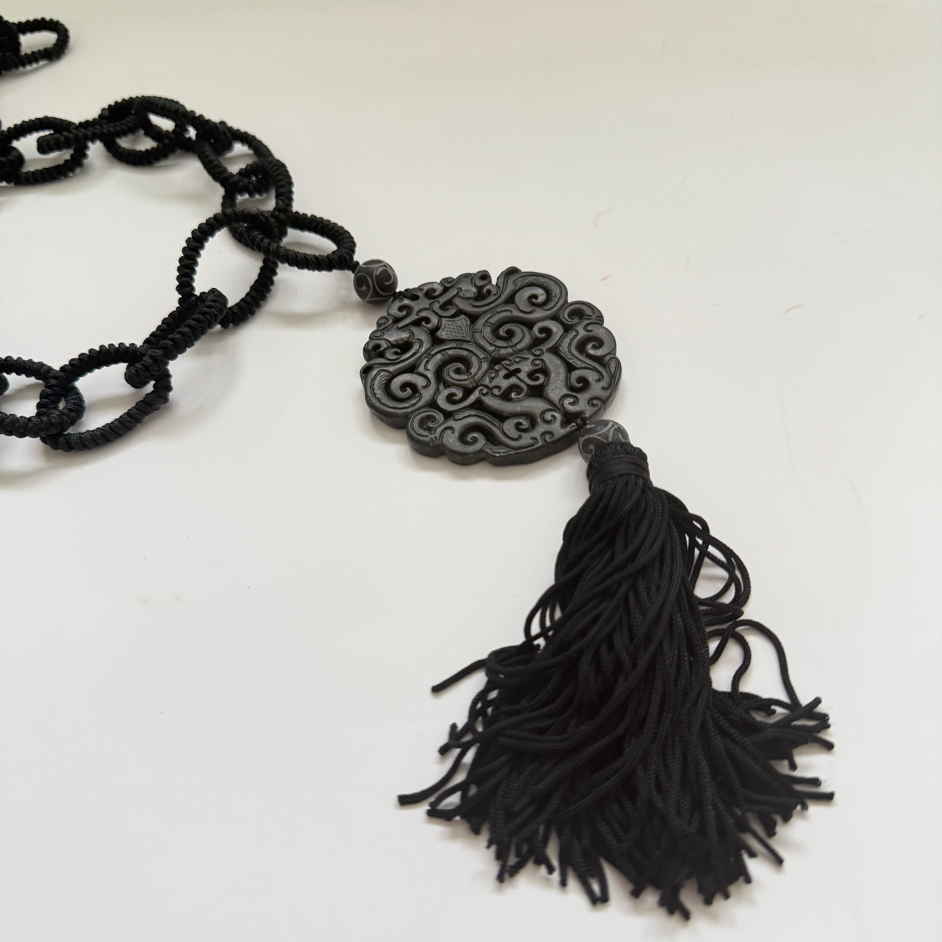 Vintage Long Horn Chain Necklace with Chinese Pendant Tassel