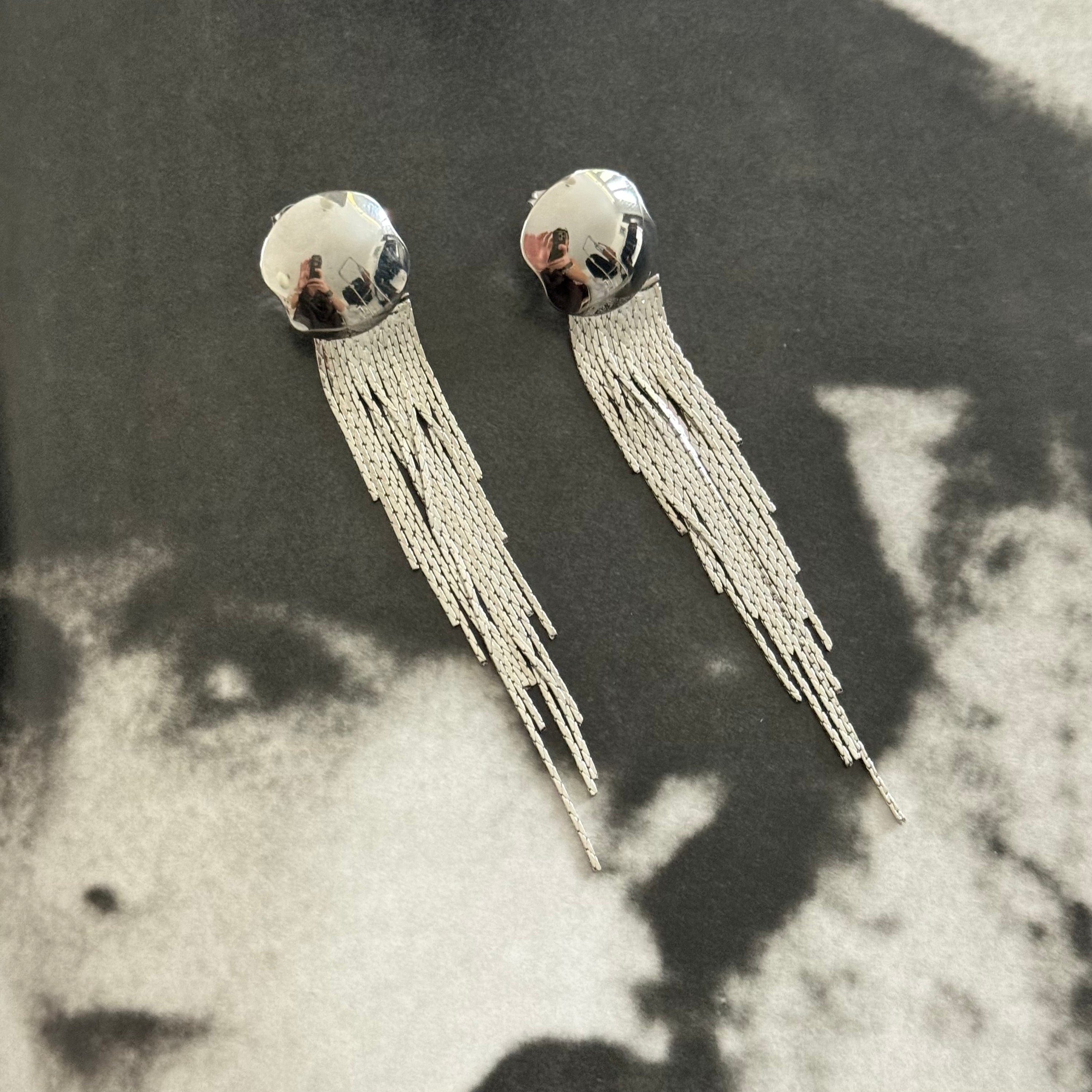 Silver Long Dangling Disco Tassel Pierced Earrings