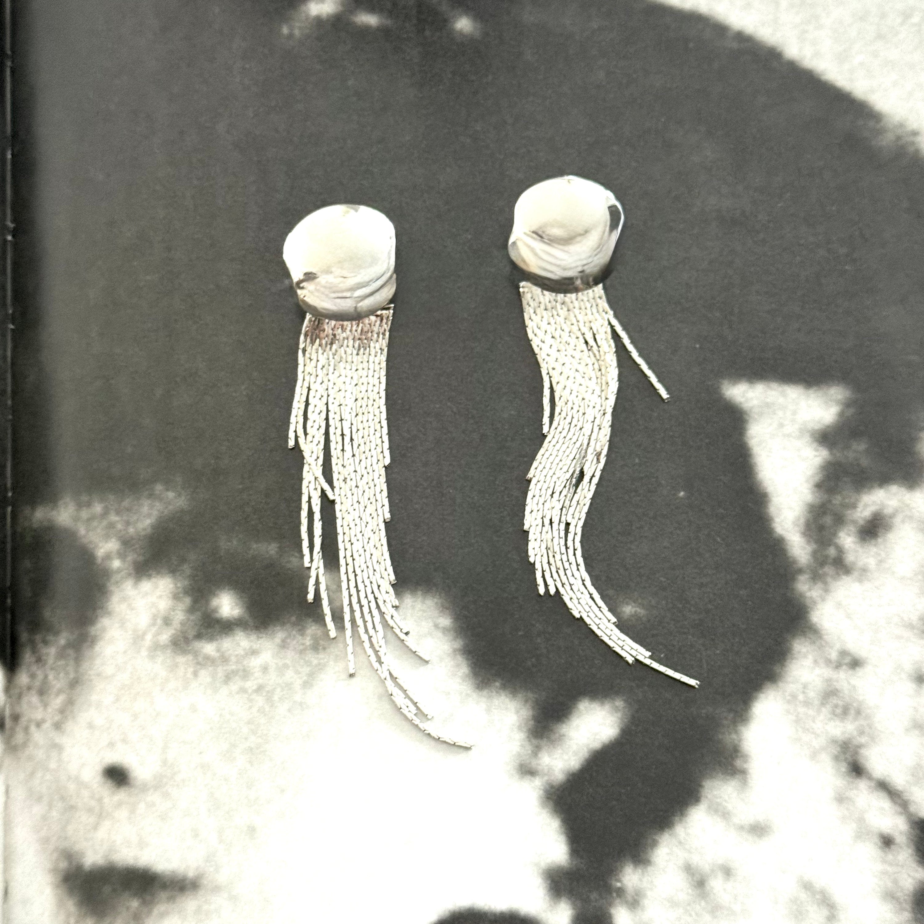 Silver Long Dangling Disco Tassel Pierced Earrings