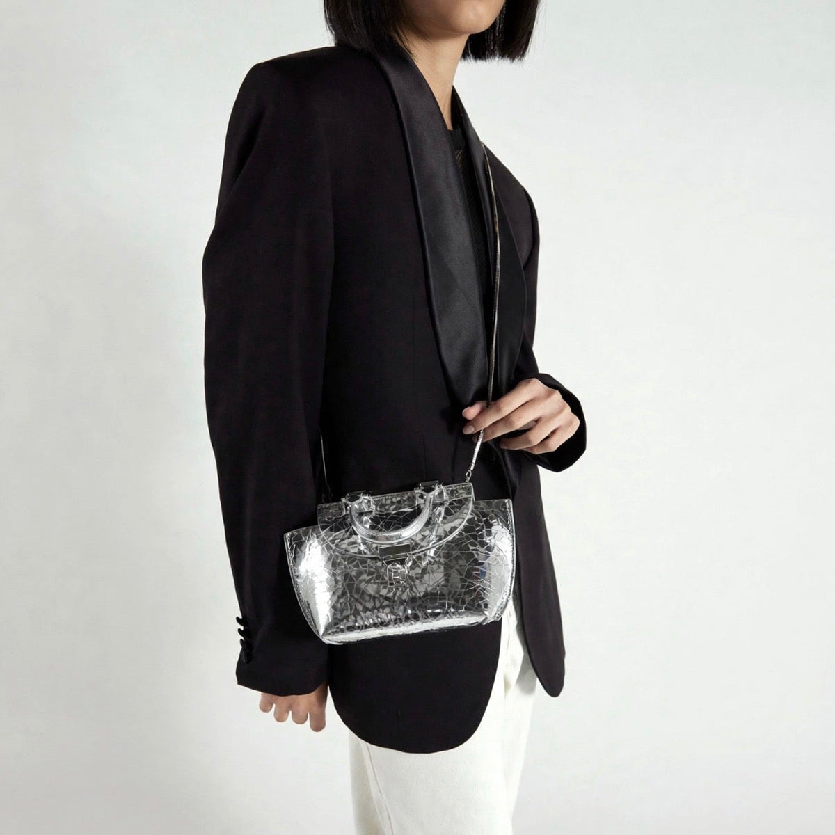 Le Bon 14 Silver Mirror Lightweight Leather Top Handle Bag