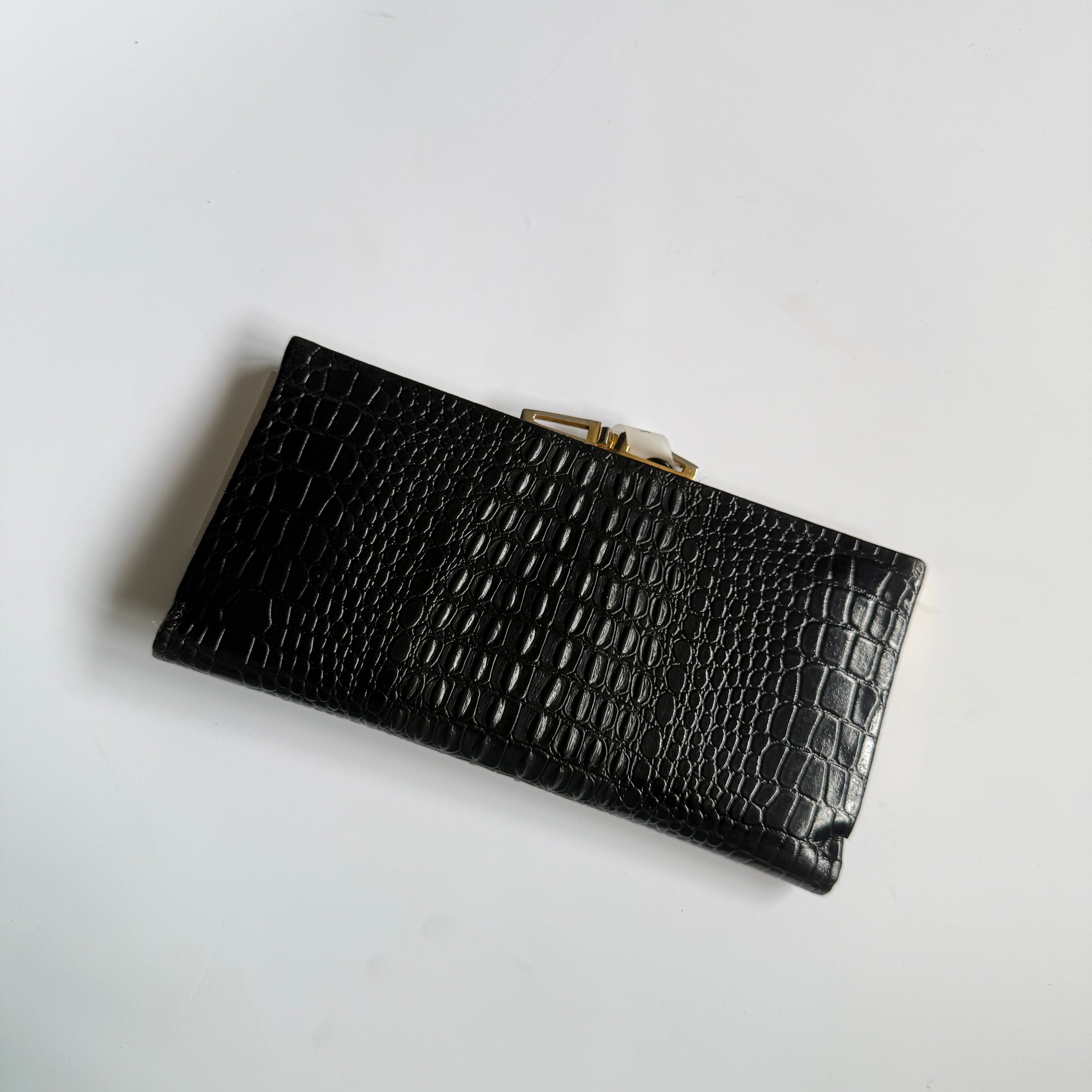 Vintage Embossed Black Wallet with Unique lock clasp