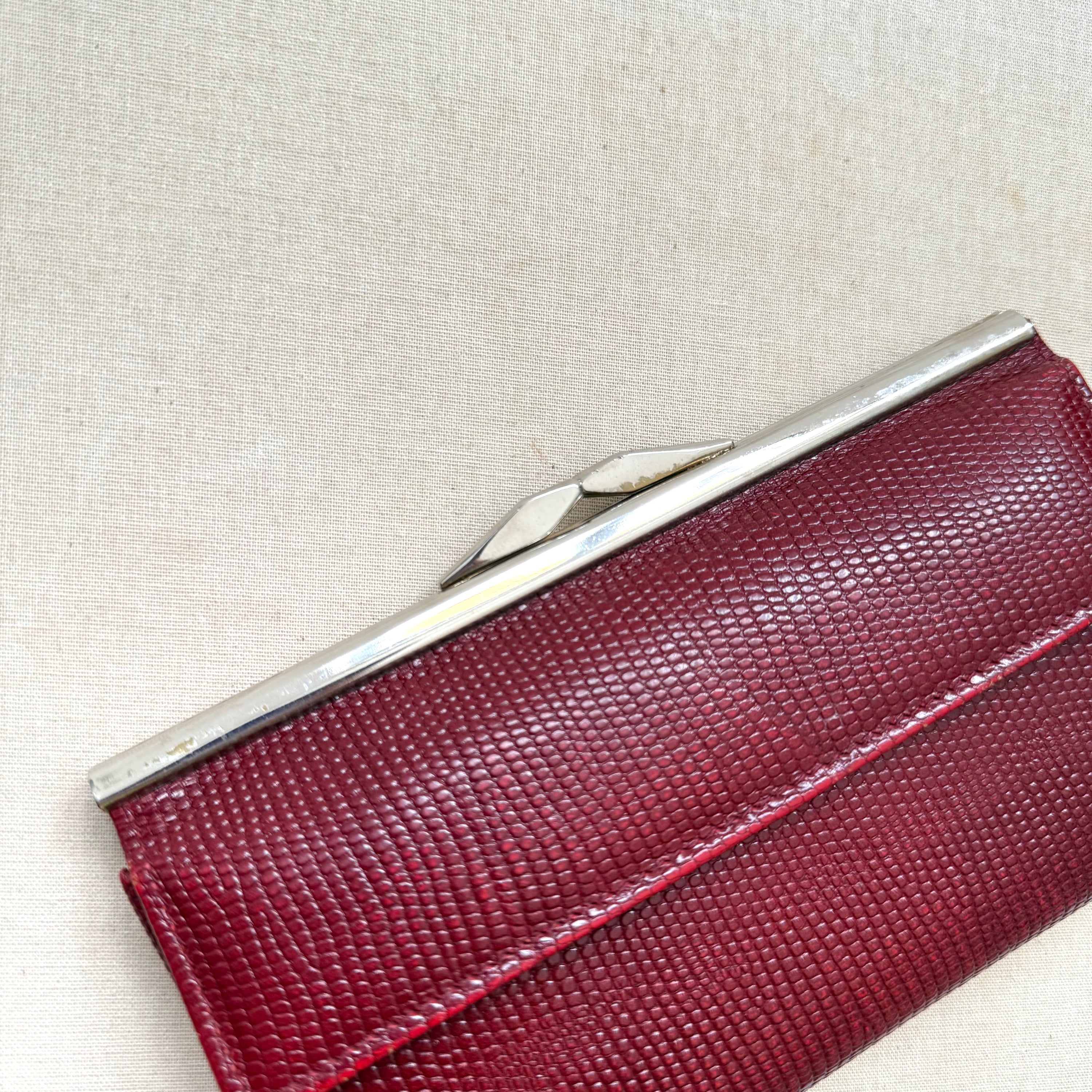 Vintage Burgundy Lizard Exotic Leather Bifold Long Wallet