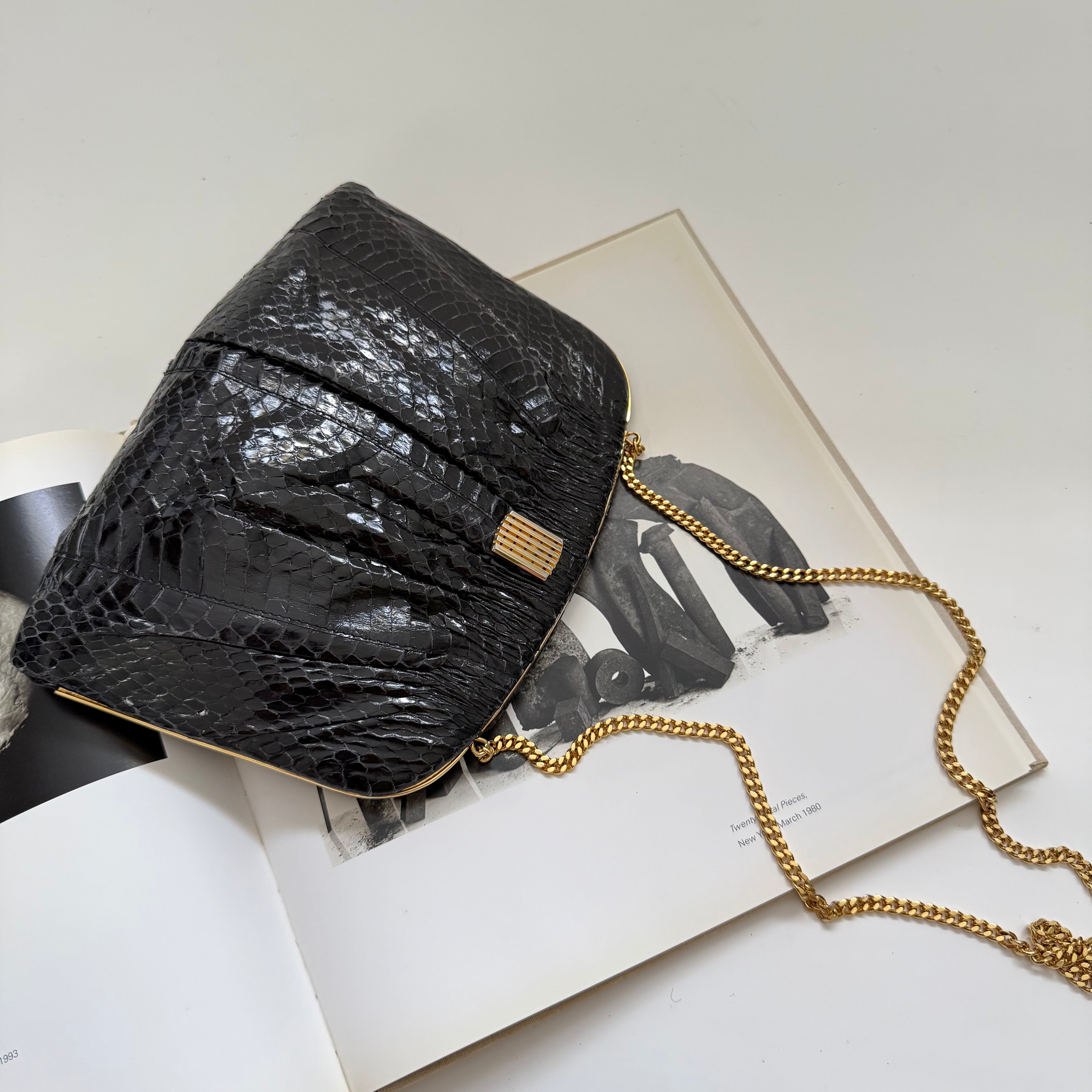 Vintage 1980s Pleated Glossy Black Python Purse