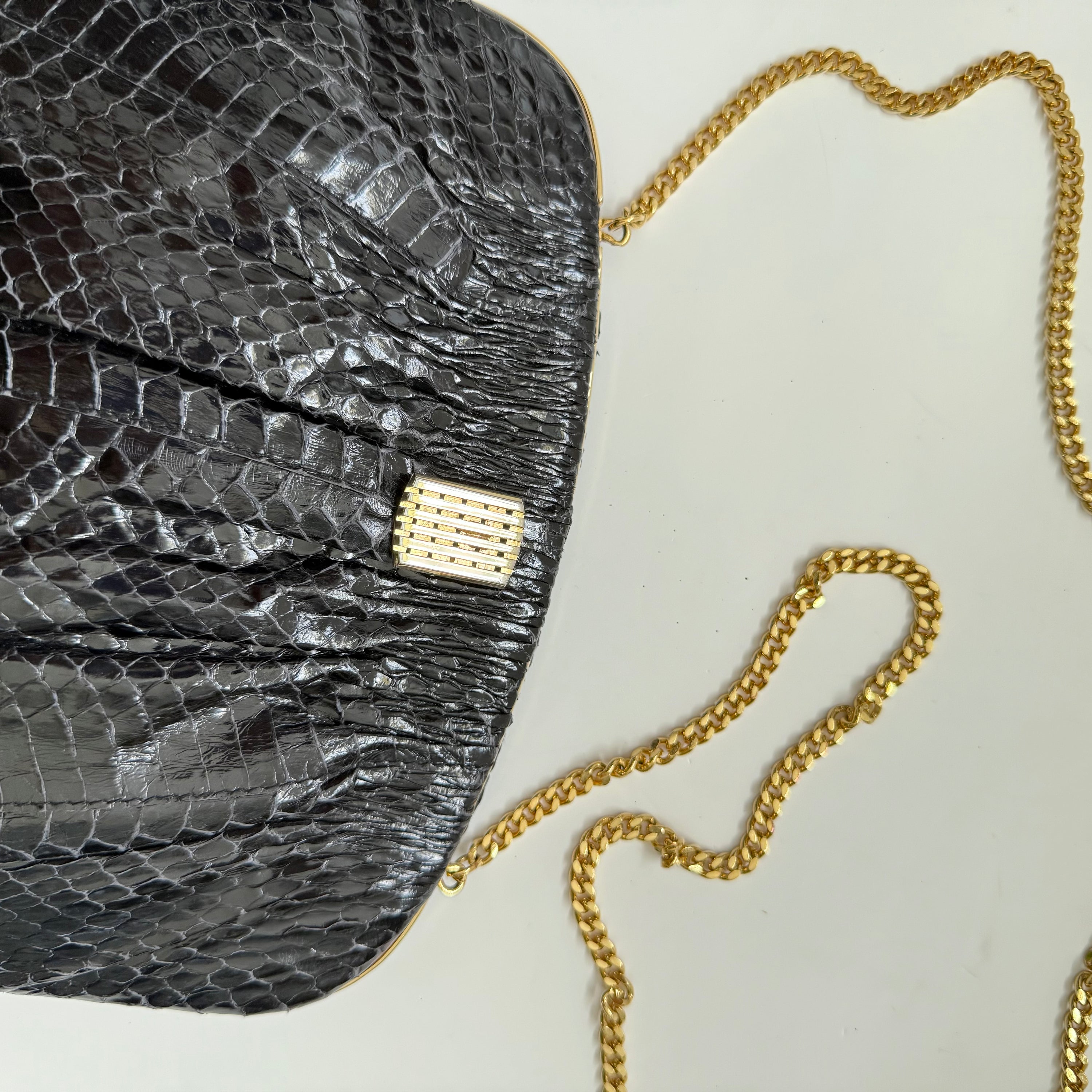 Vintage 1980s Pleated Glossy Black Python Purse