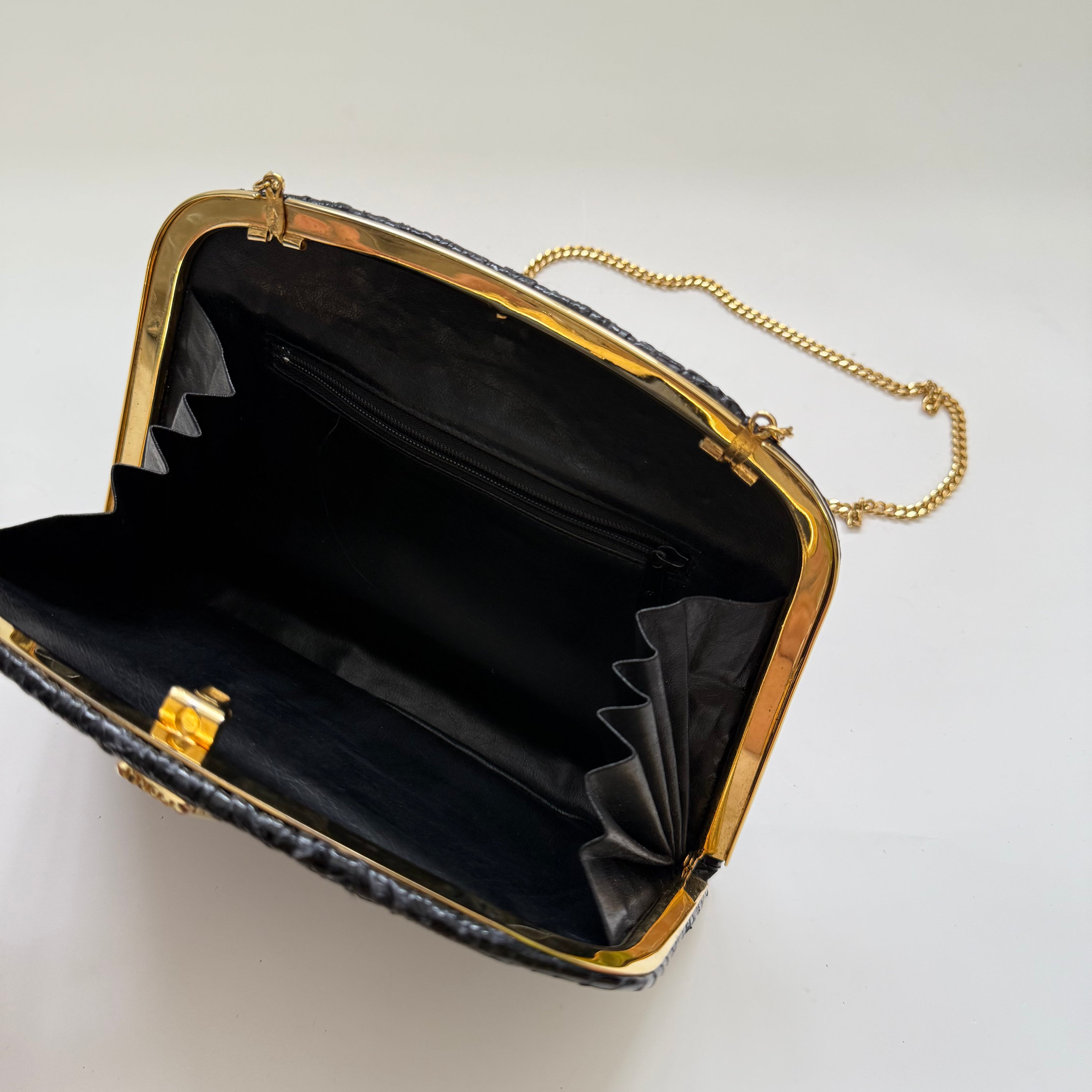 Vintage 1980s Pleated Glossy Black Python Purse