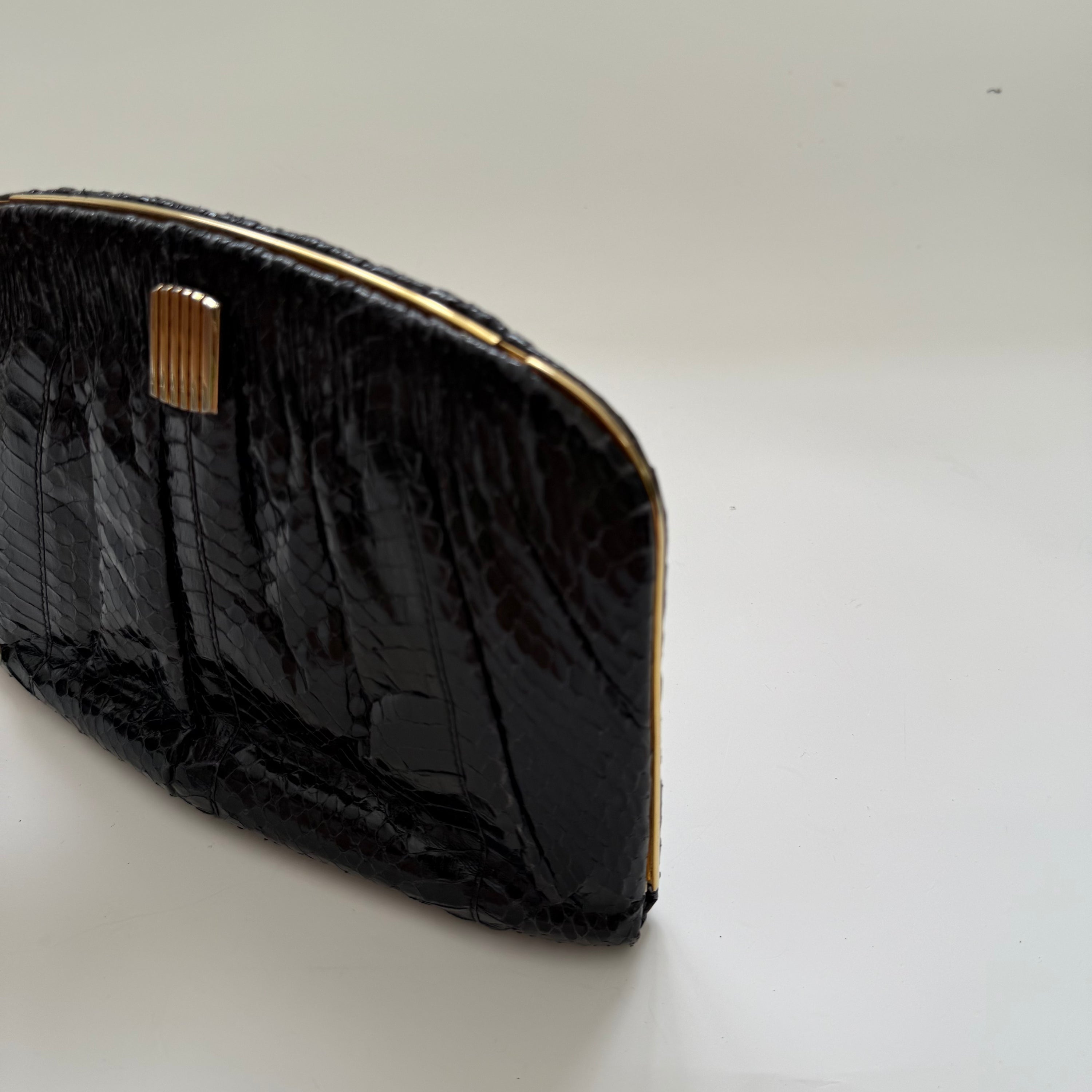 Vintage 1980s Pleated Glossy Black Python Purse