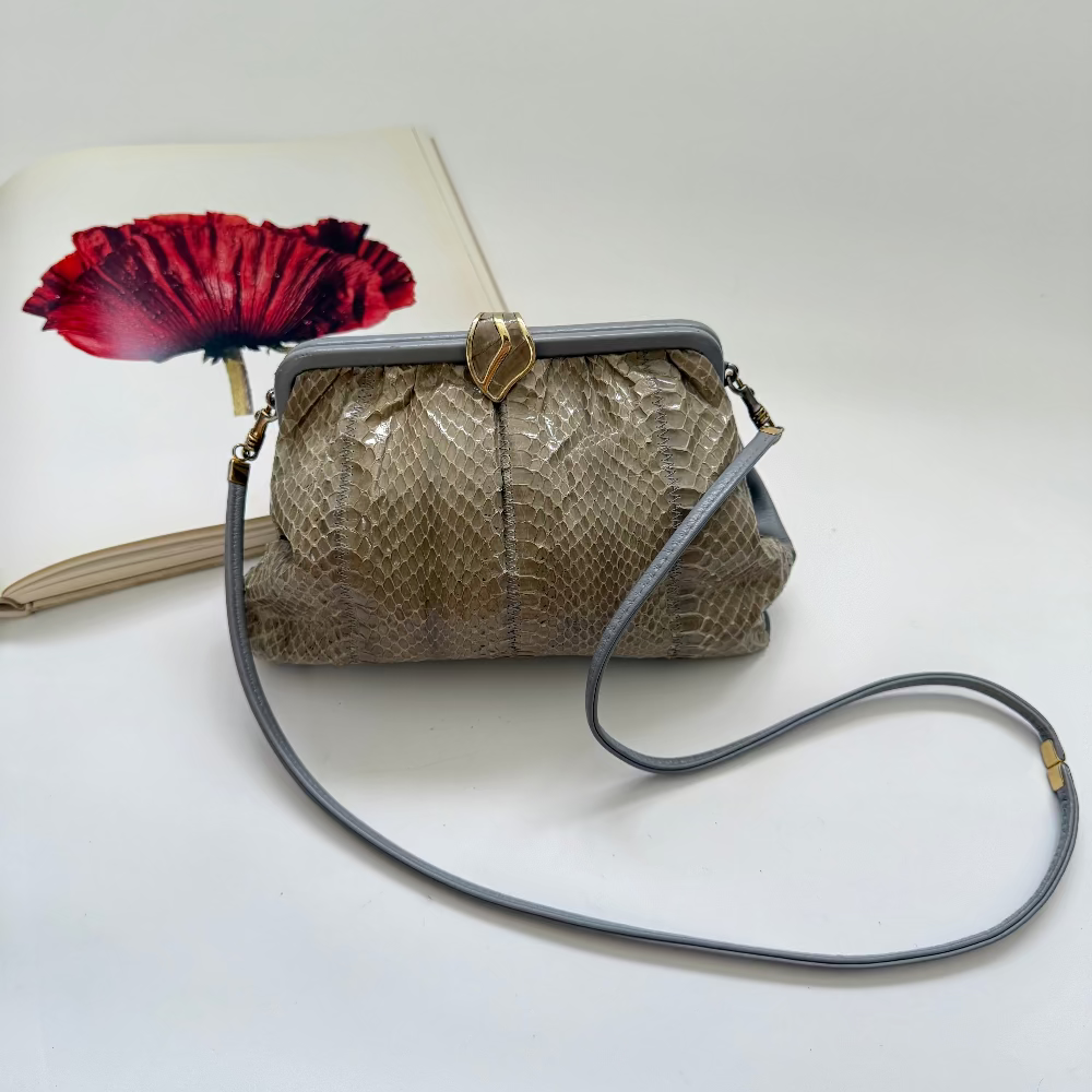 Vintage 1980s Jane Shilton Taupe Grey Snakeskin Shoulder Bag