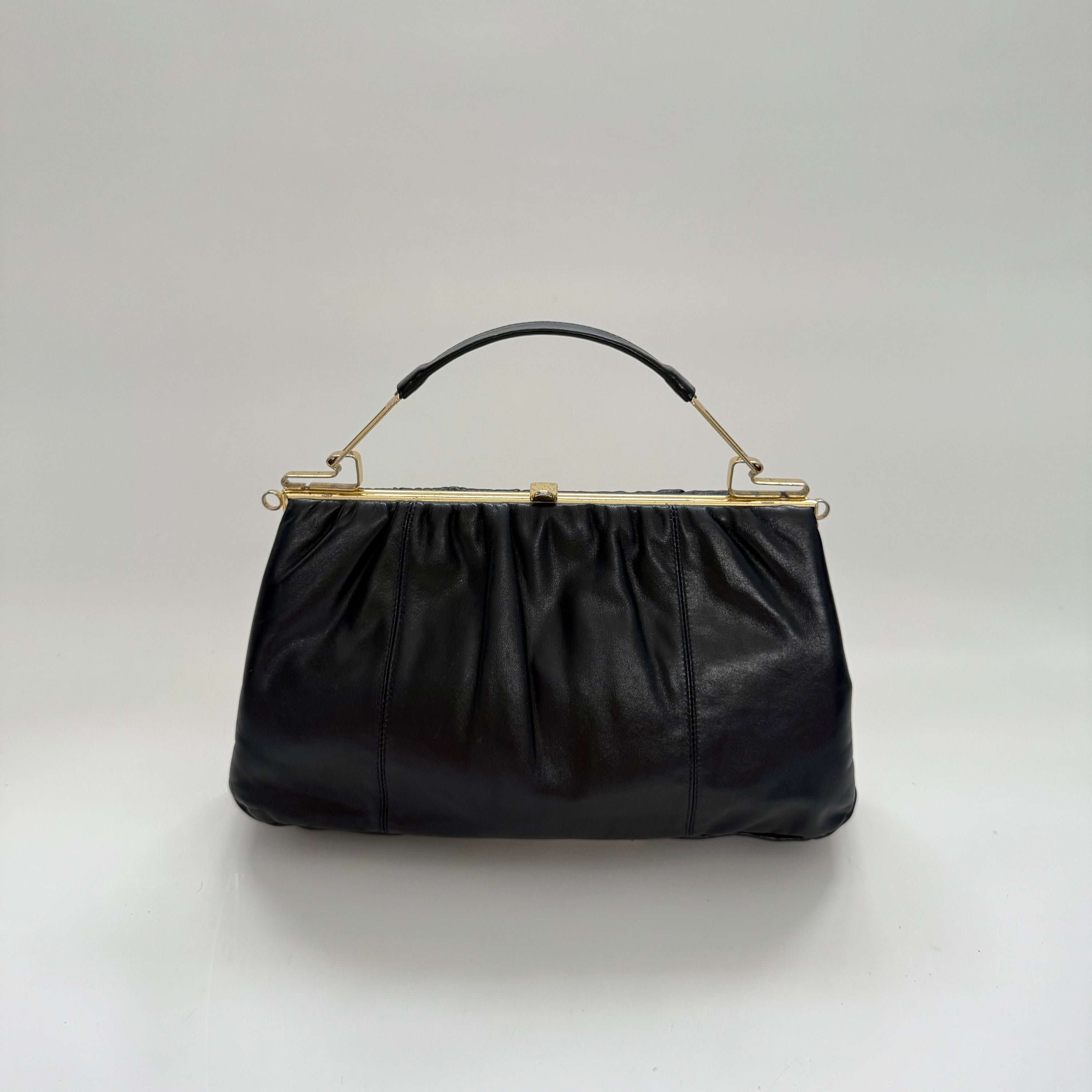 Vintage 70s Faigen Navy Leather Purse with Unique Sculptural Gold toned Top Handle