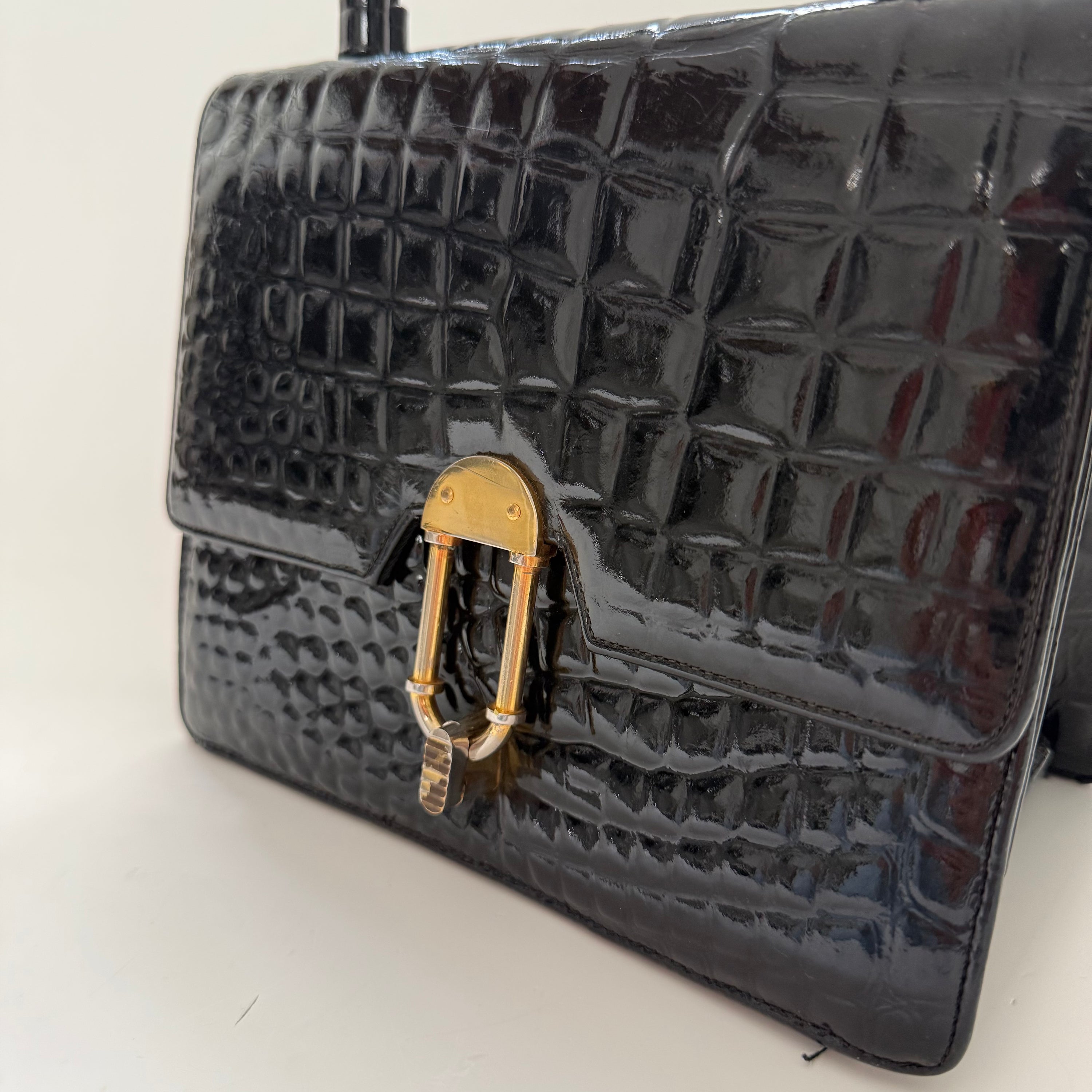 Vintage Patent Crocodile Embossed Leather Top Handle Bag