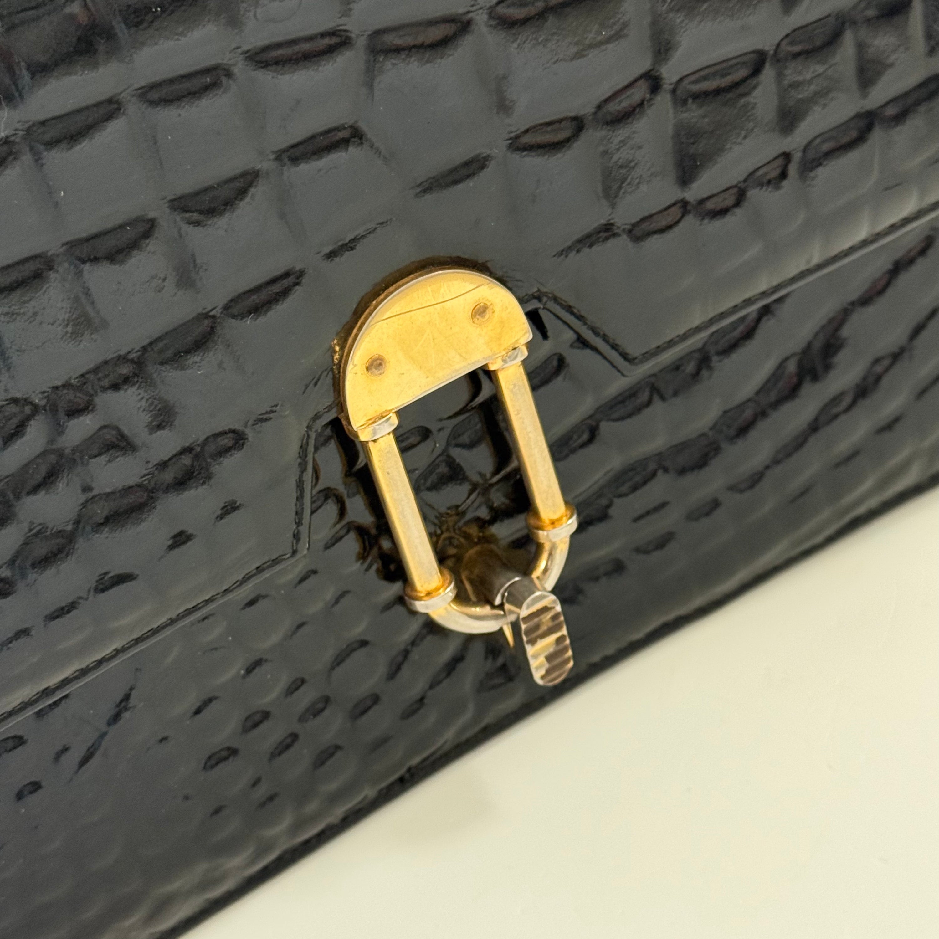Vintage Patent Crocodile Embossed Leather Top Handle Bag