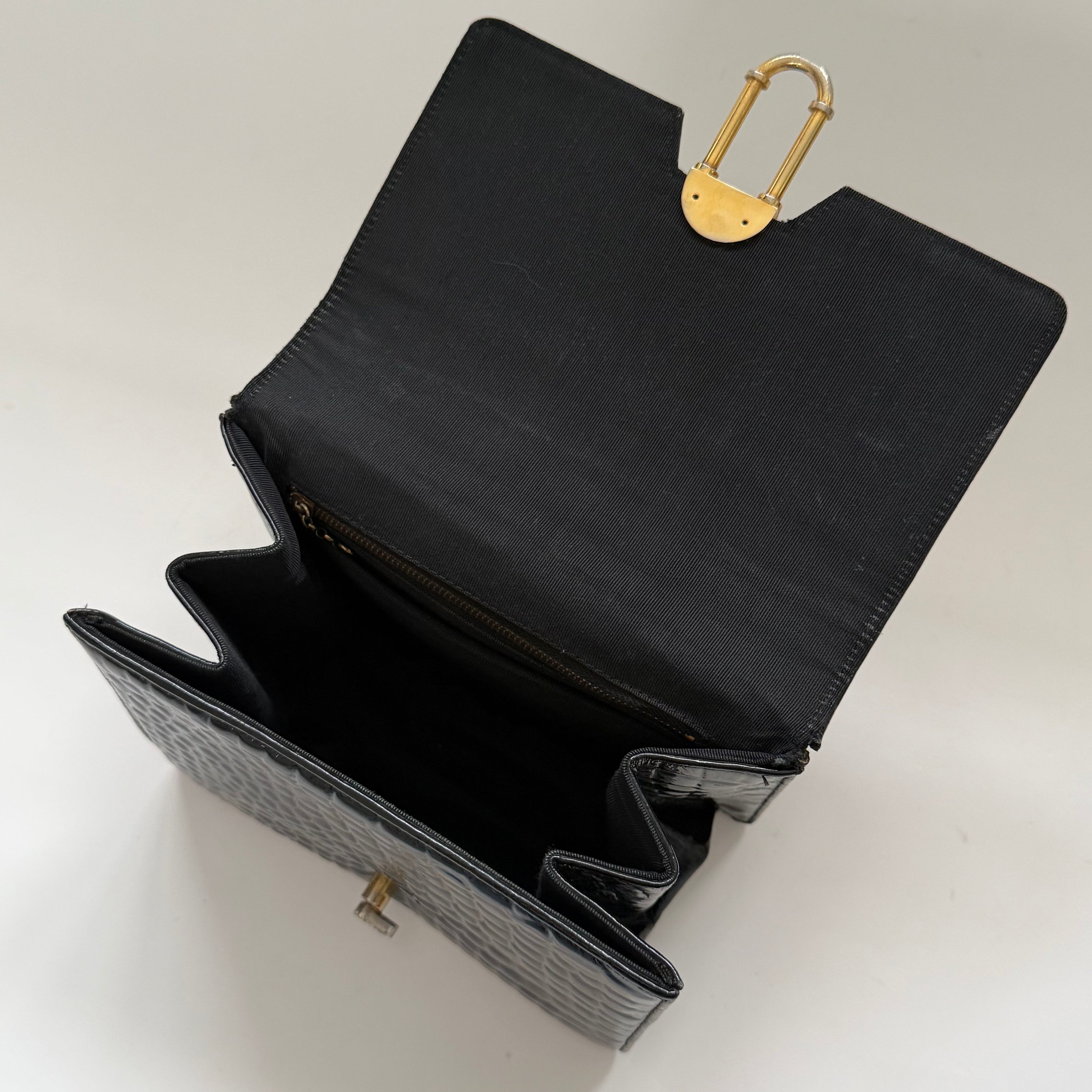 Vintage Patent Crocodile Embossed Leather Top Handle Bag