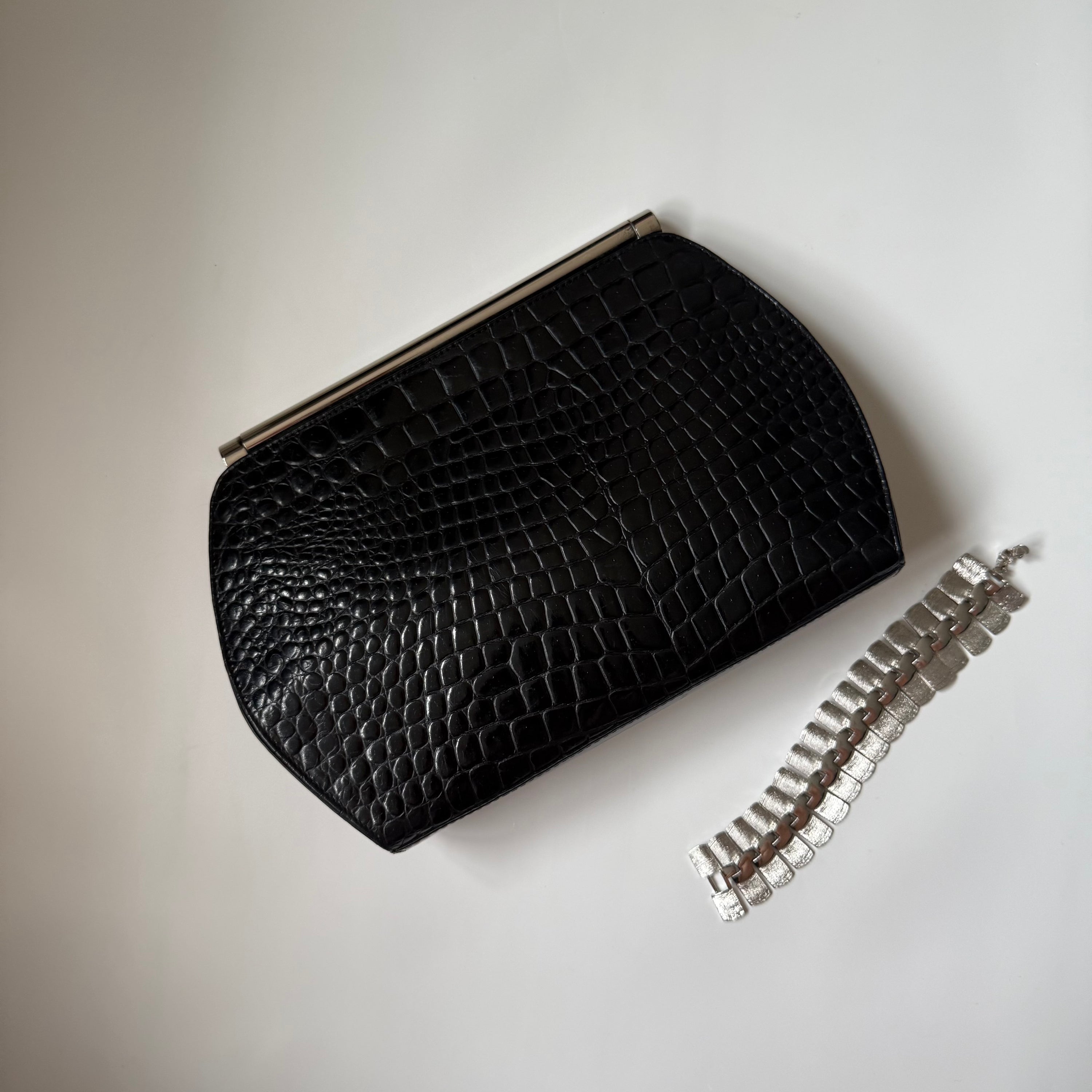 Vintage Black Embossed purse With Silver Frame
