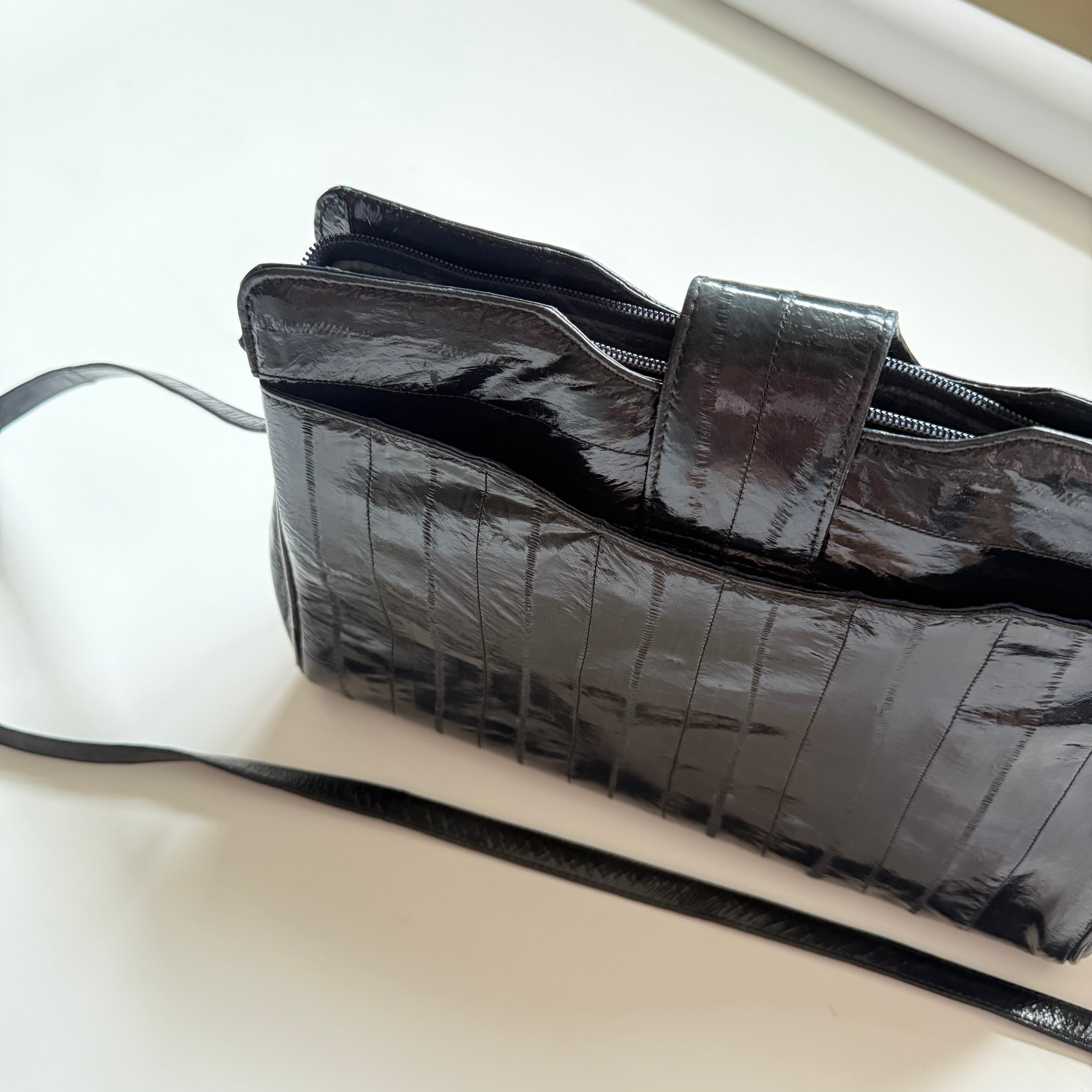 1980s Eelskin Purse Black Eel Skin Crossbody Shoulderbag Crownhock P.A.T.