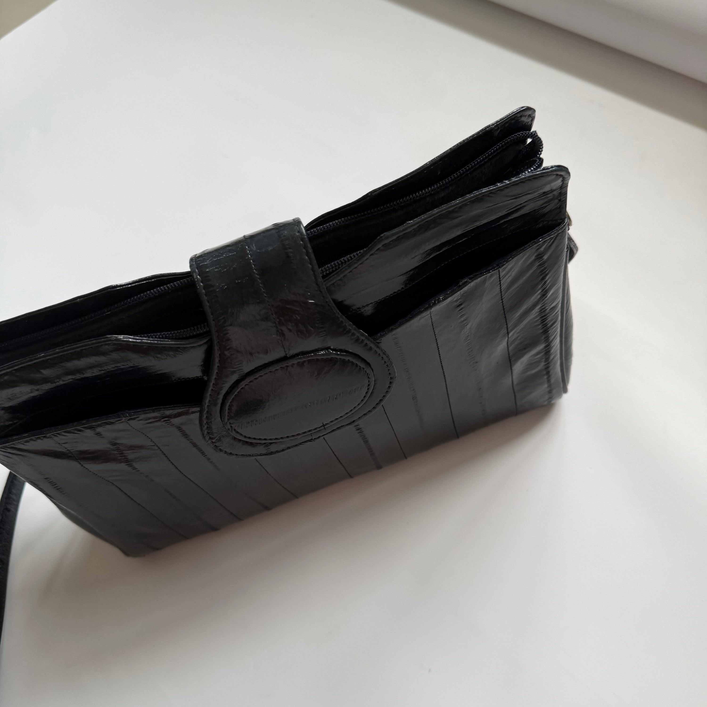 1980s Eelskin Purse Black Eel Skin Crossbody Shoulderbag Crownhock P.A.T.