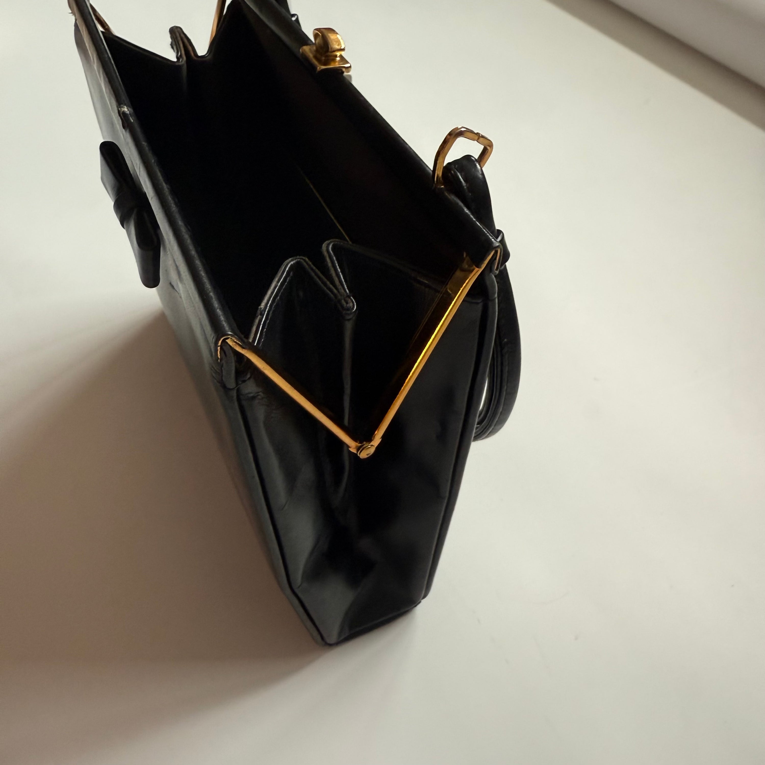 Vintage 70s Black Leather Waldybag Evening Purse With Bow