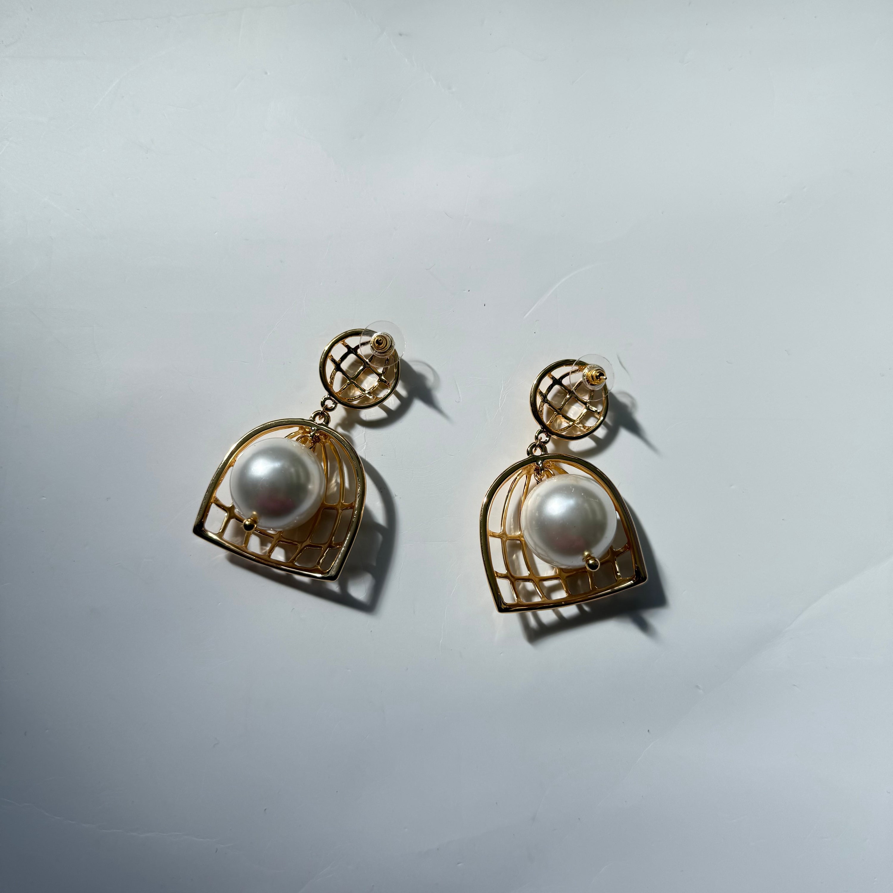 Gold Chunky Cage Pattern with Faux Pearl Earrings