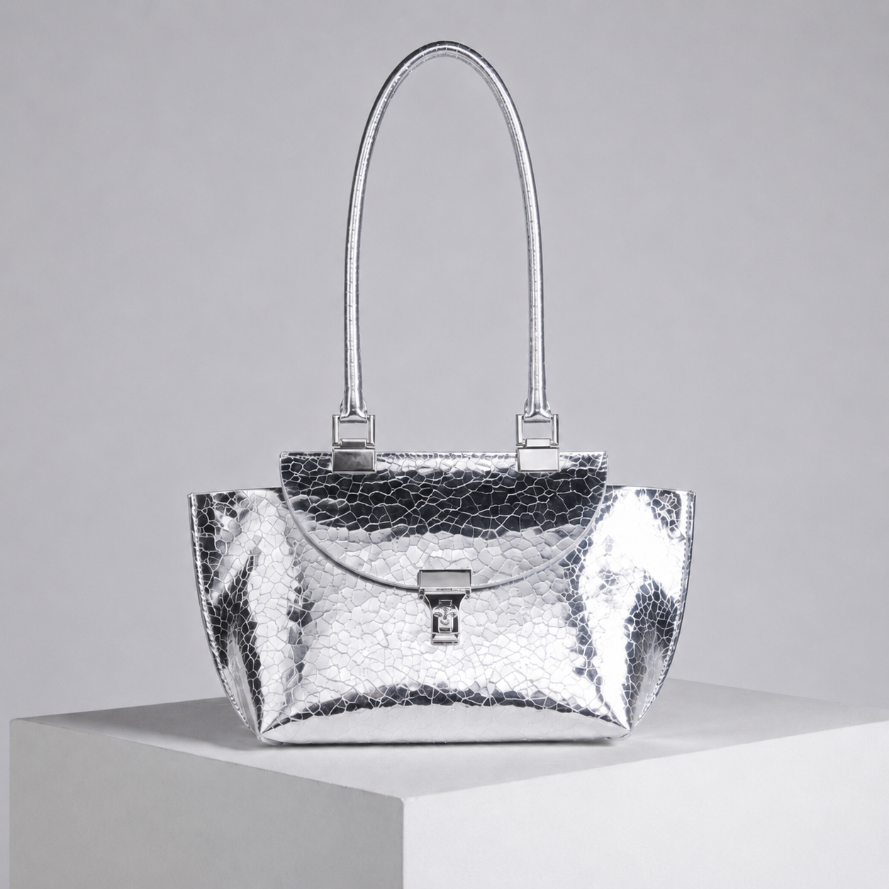Le Bon 20 Silver Lightweight Leather Top Handle Bag