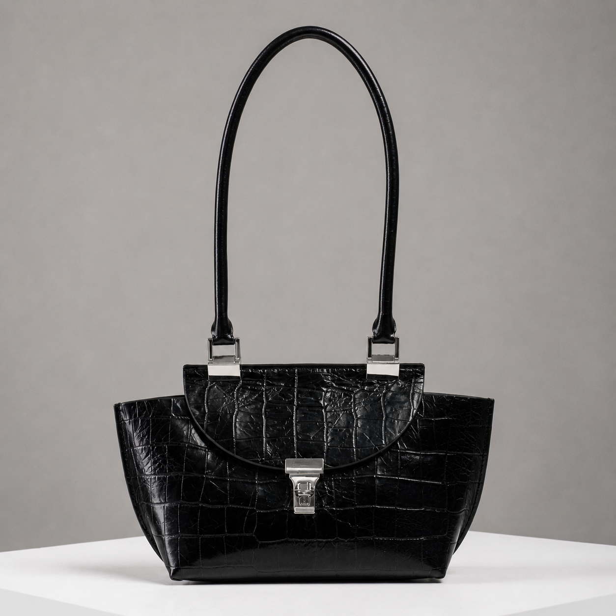 Le Bon 20 Black Croc Embossed Lightweight Leather Top Handle Bag