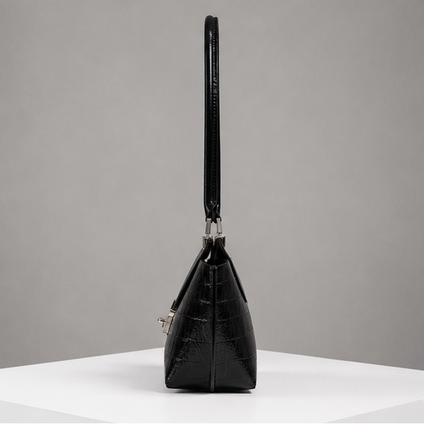 Le Bon 20 Black Croc Embossed Lightweight Leather Top Handle Bag