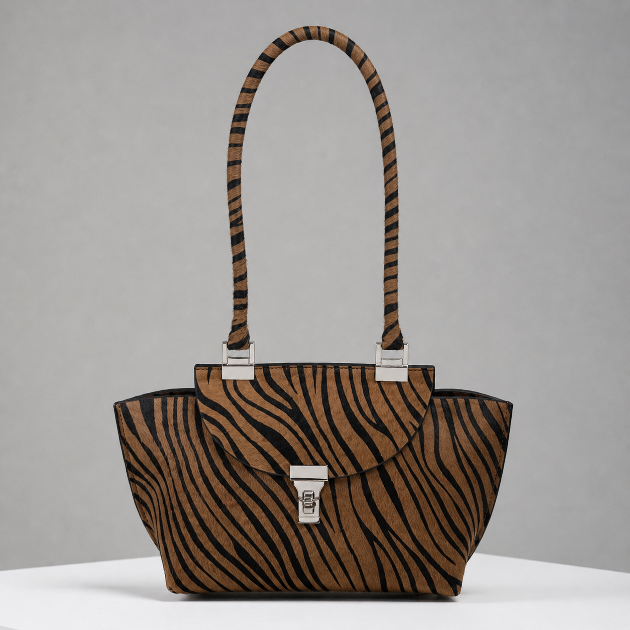 Le Bon 20 Tiger Motif Lightweight Leather Top Handle Bag