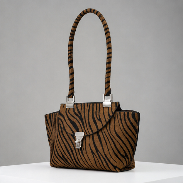 Le Bon 20 Tiger Motif Lightweight Leather Top Handle Bag