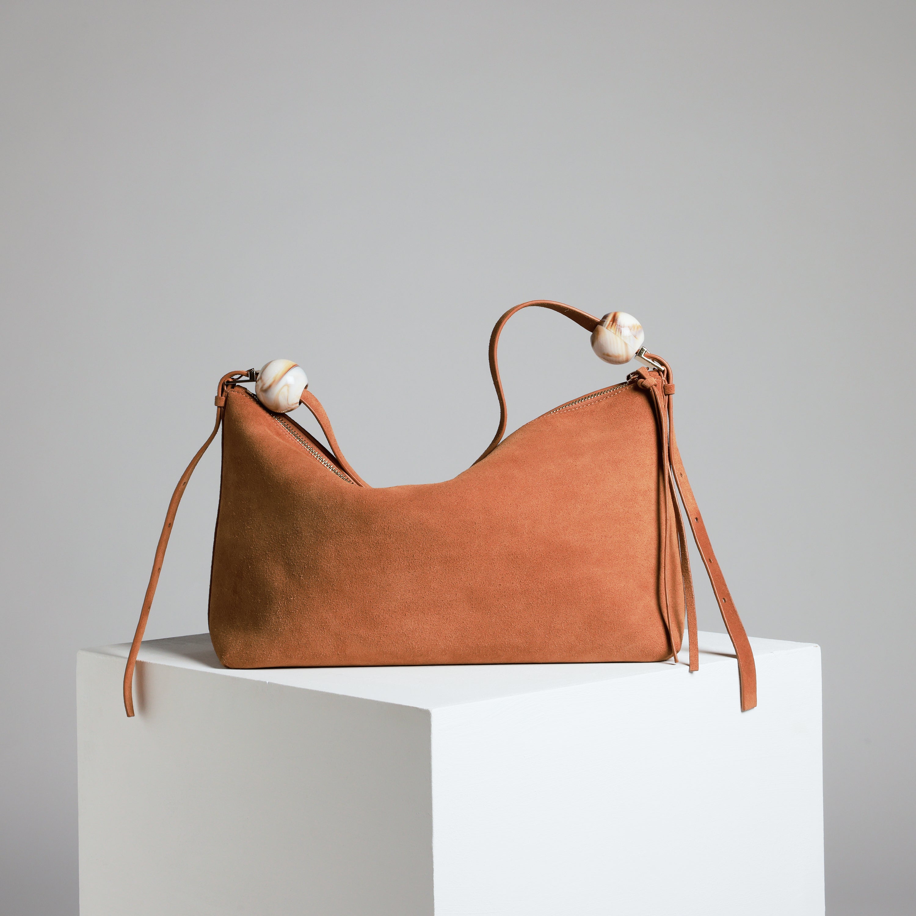 Dune Caramel Suede Shoulder Bag with Marbled Bead