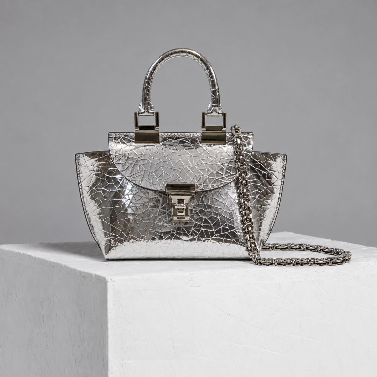Le Bon 14 Silver Mirror Lightweight Leather Top Handle Bag