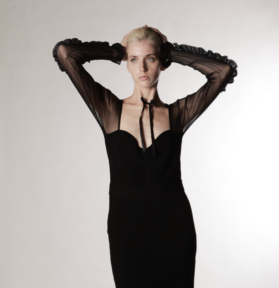 Vintage Herve Leger Black Long Dress with Fan Sleeves