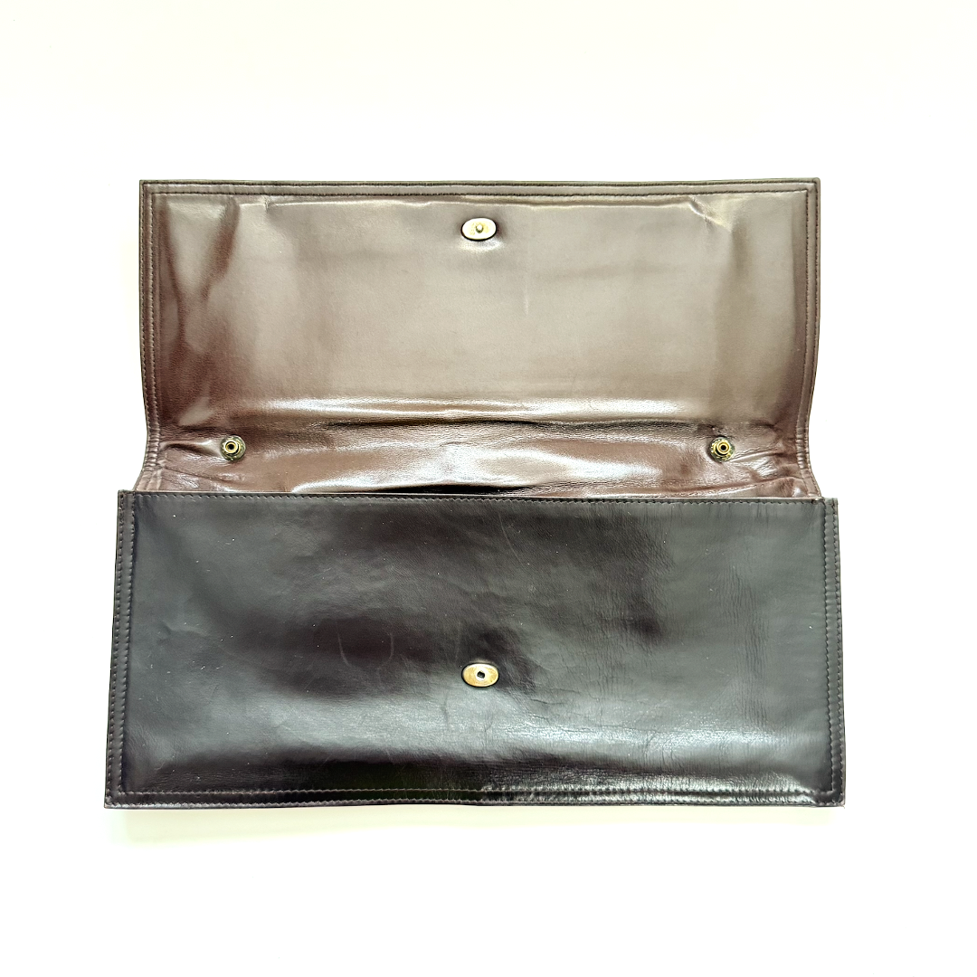 Vintage 1960s Chocolate Brown Leather Handbag with Resin and Brass Gold-plated Bar