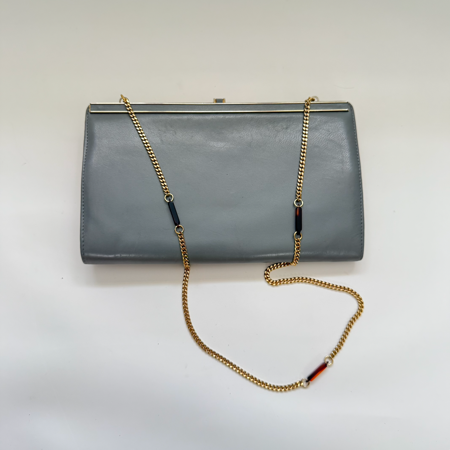 Vintage Framed Grey Suede and Leather Clutch with Gold-Tone Clip Lock