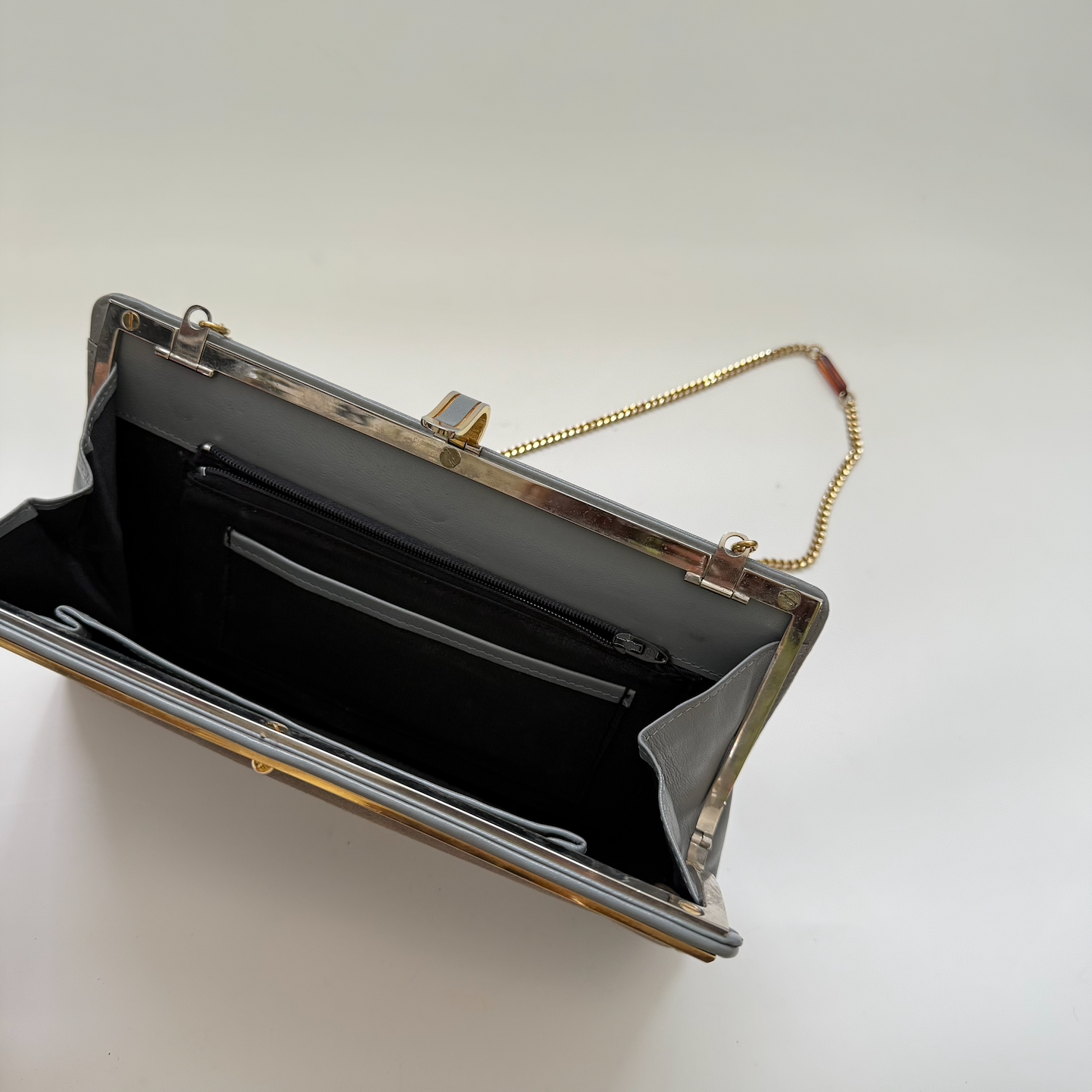 Vintage Framed Grey Suede and Leather Clutch with Gold-Tone Clip Lock