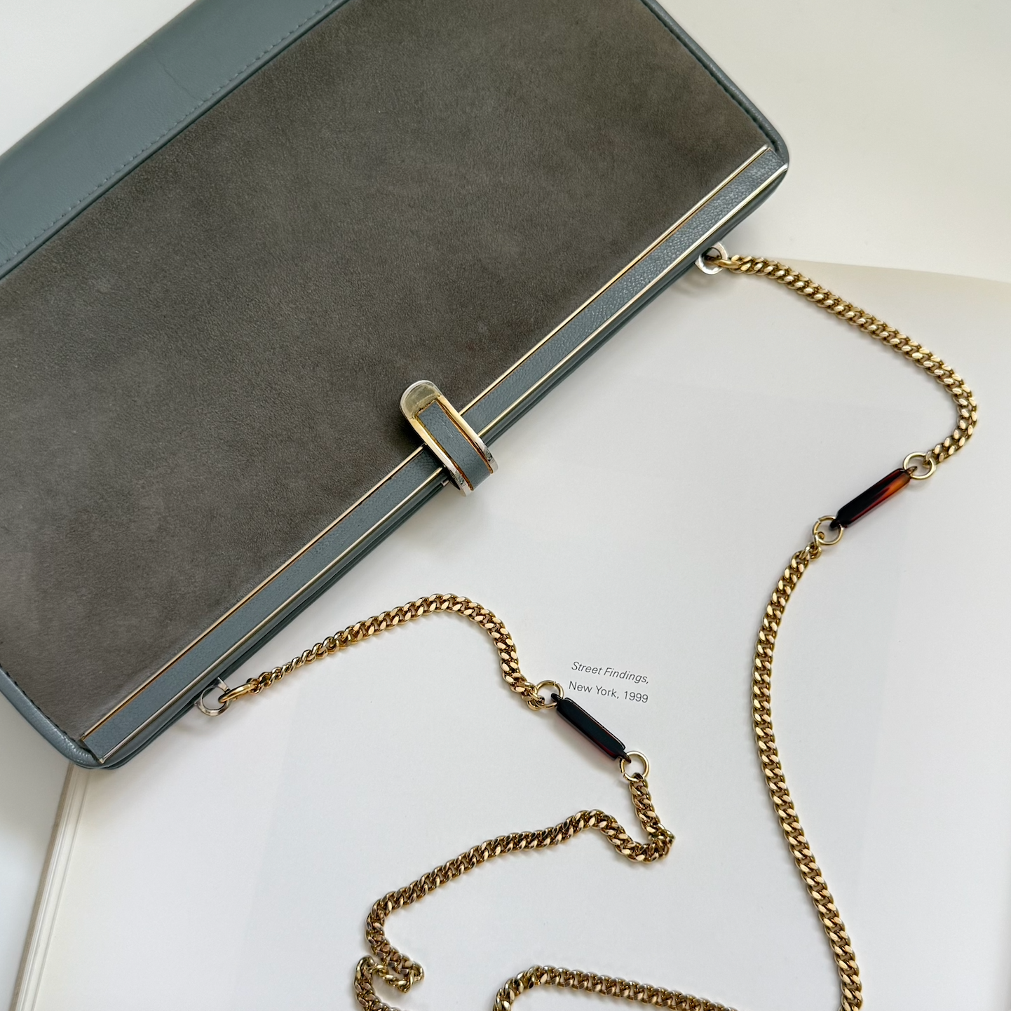 Vintage Framed Grey Suede and Leather Clutch with Gold-Tone Clip Lock