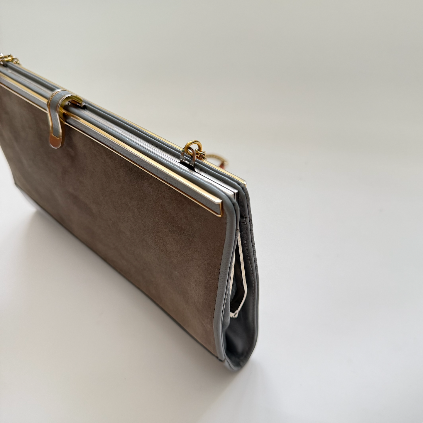 Vintage Framed Grey Suede and Leather Clutch with Gold-Tone Clip Lock