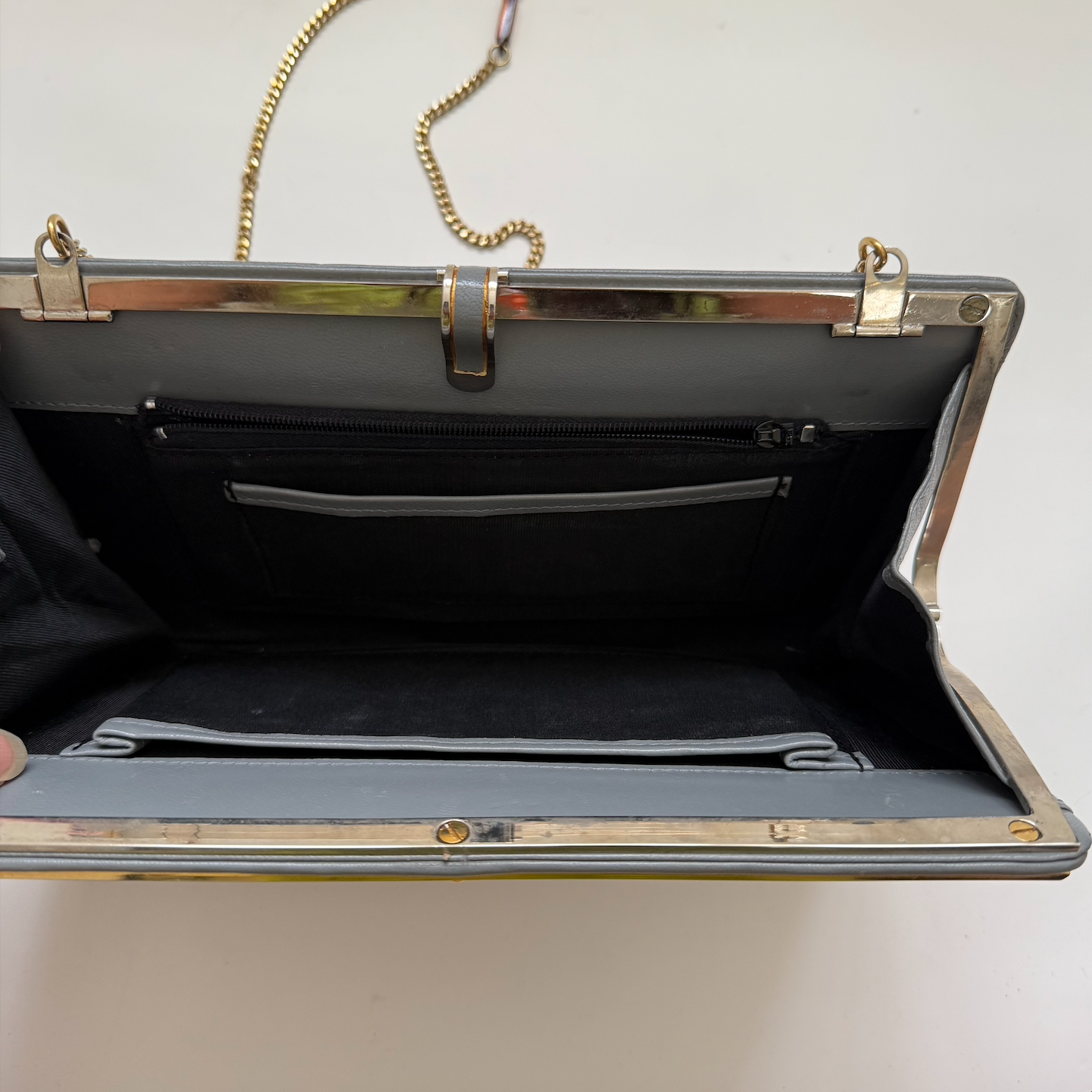 Vintage Framed Grey Suede and Leather Clutch with Gold-Tone Clip Lock