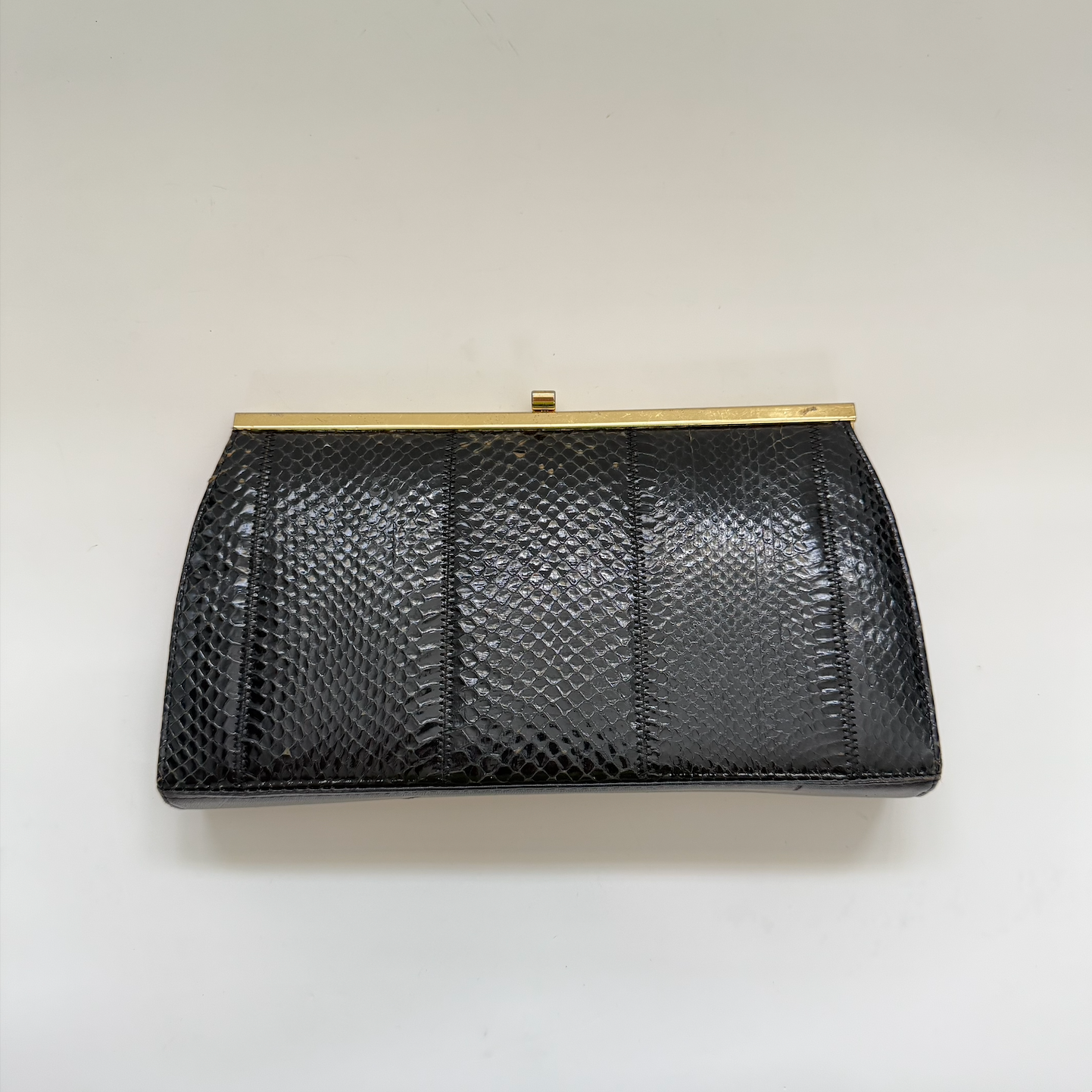 Vintage 1980s Black Exotic Leather Purse with Convertible Gold Handle