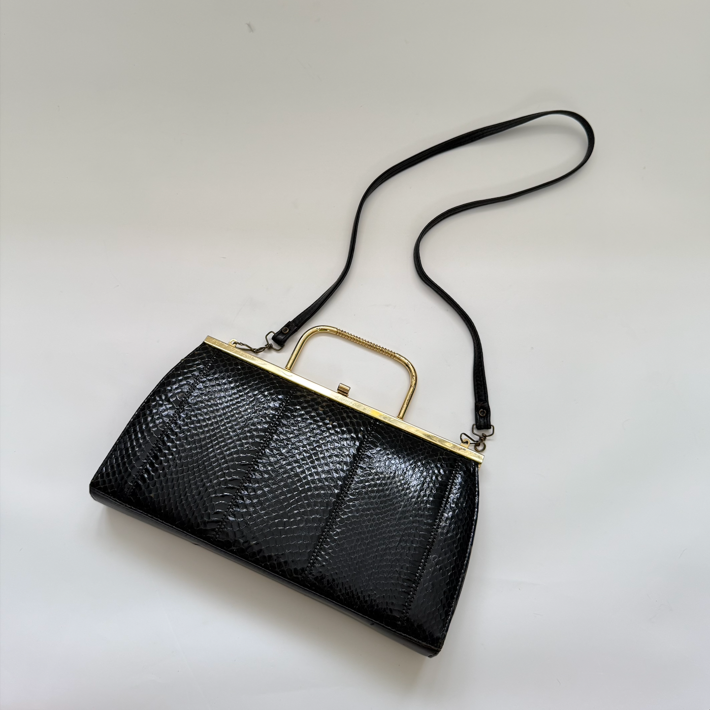 Vintage 1980s Black Exotic Leather Purse with Convertible Gold Handle