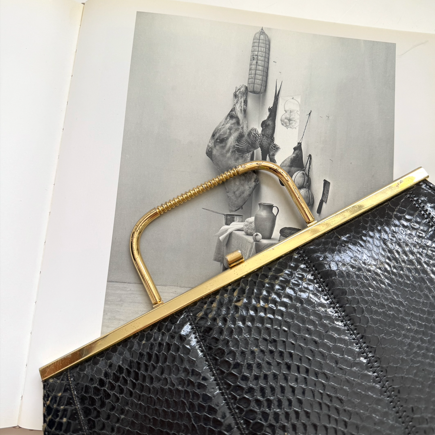 Vintage 1980s Black Exotic Leather Purse with Convertible Gold Handle