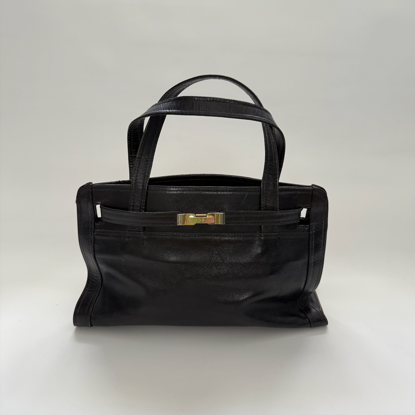 Vintage 1990s Large Leather Top Handle Black Bag with Kelly style Lock