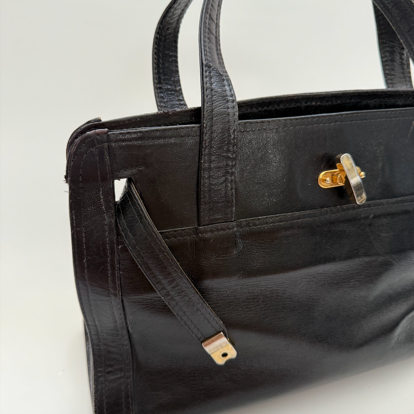 Vintage 1990s Large Leather Top Handle Black Bag with Kelly style Lock