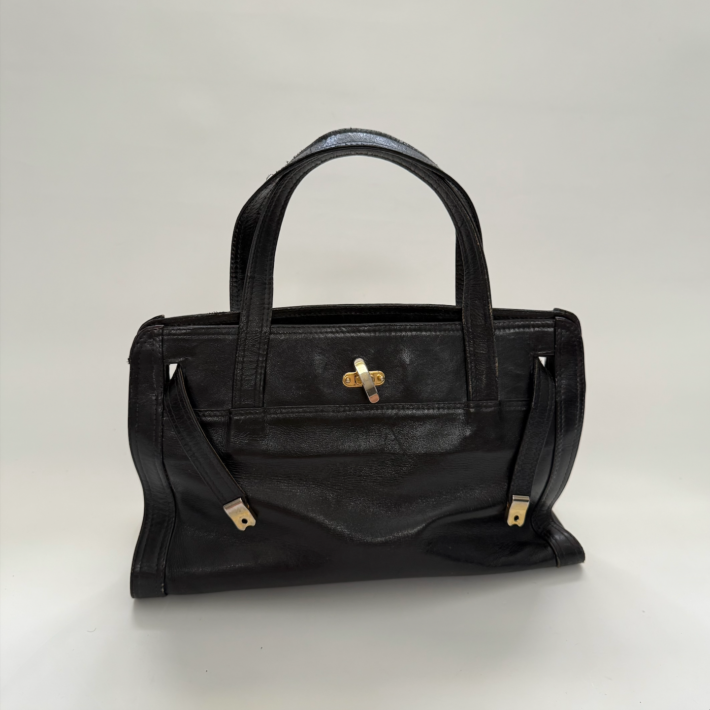 Vintage 1990s Large Leather Top Handle Black Bag with Kelly style Lock