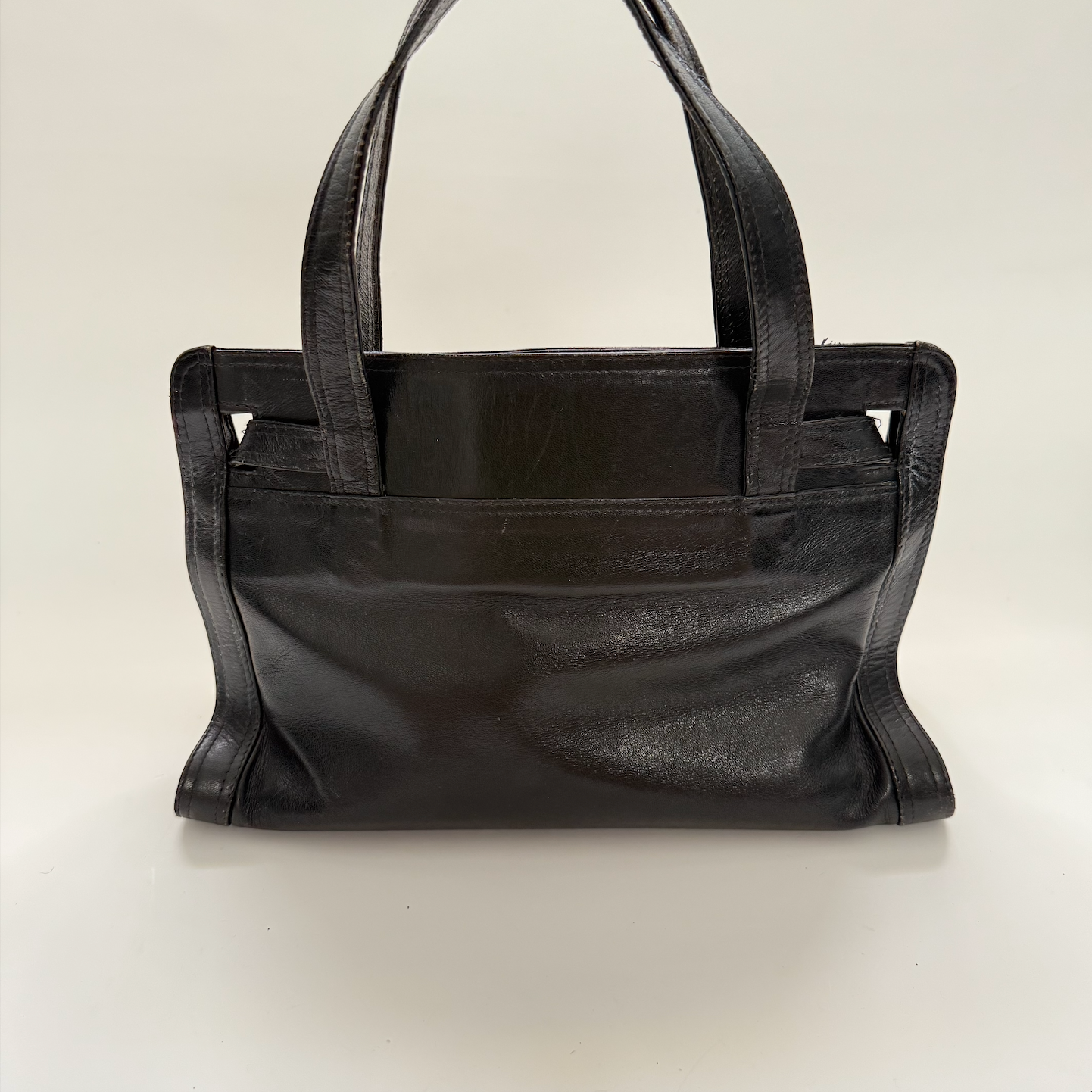 Vintage 1990s Large Leather Top Handle Black Bag with Kelly style Lock