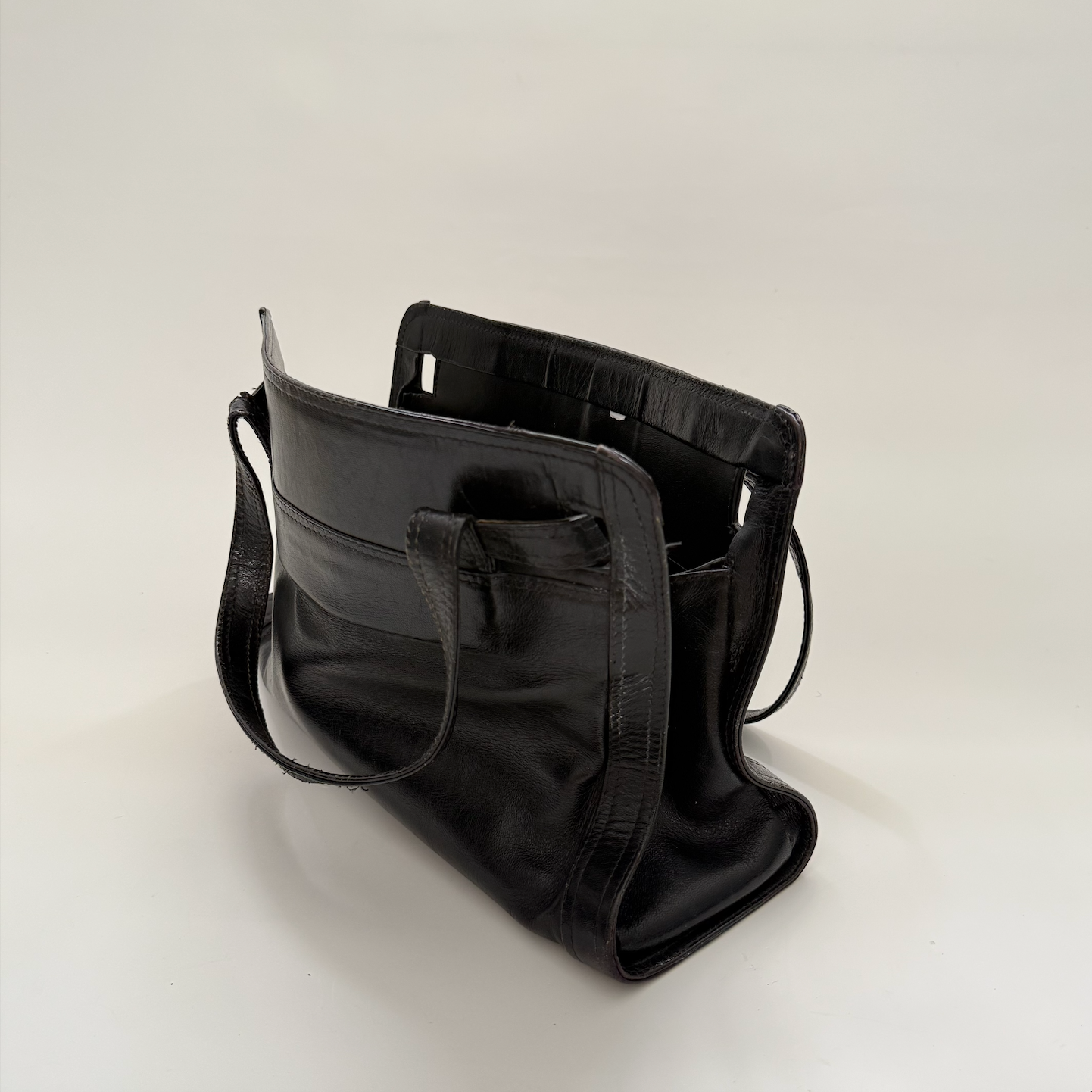 Vintage 1990s Large Leather Top Handle Black Bag with Kelly style Lock