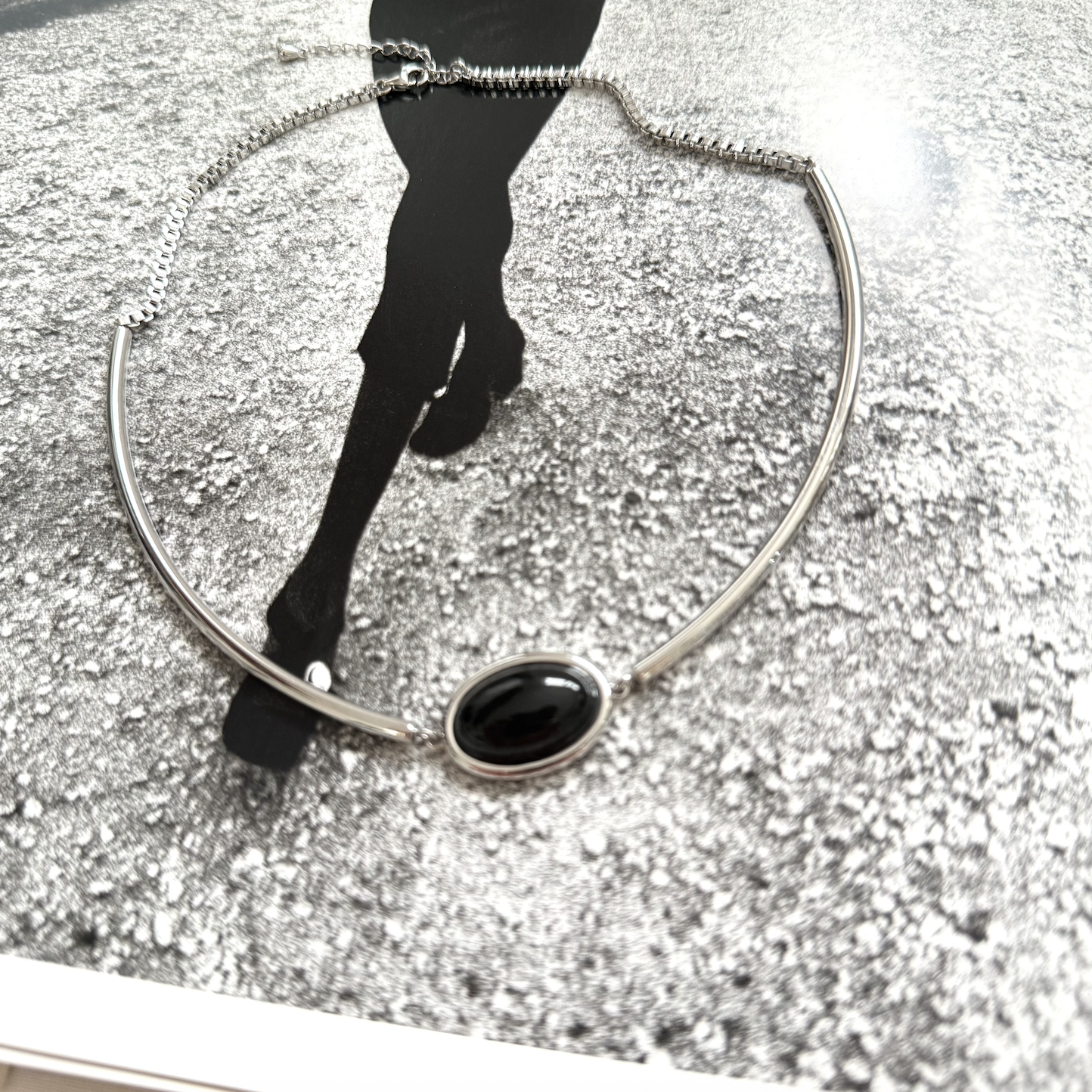 Dainty Silver Choker with Black Oval Enamel Necklace