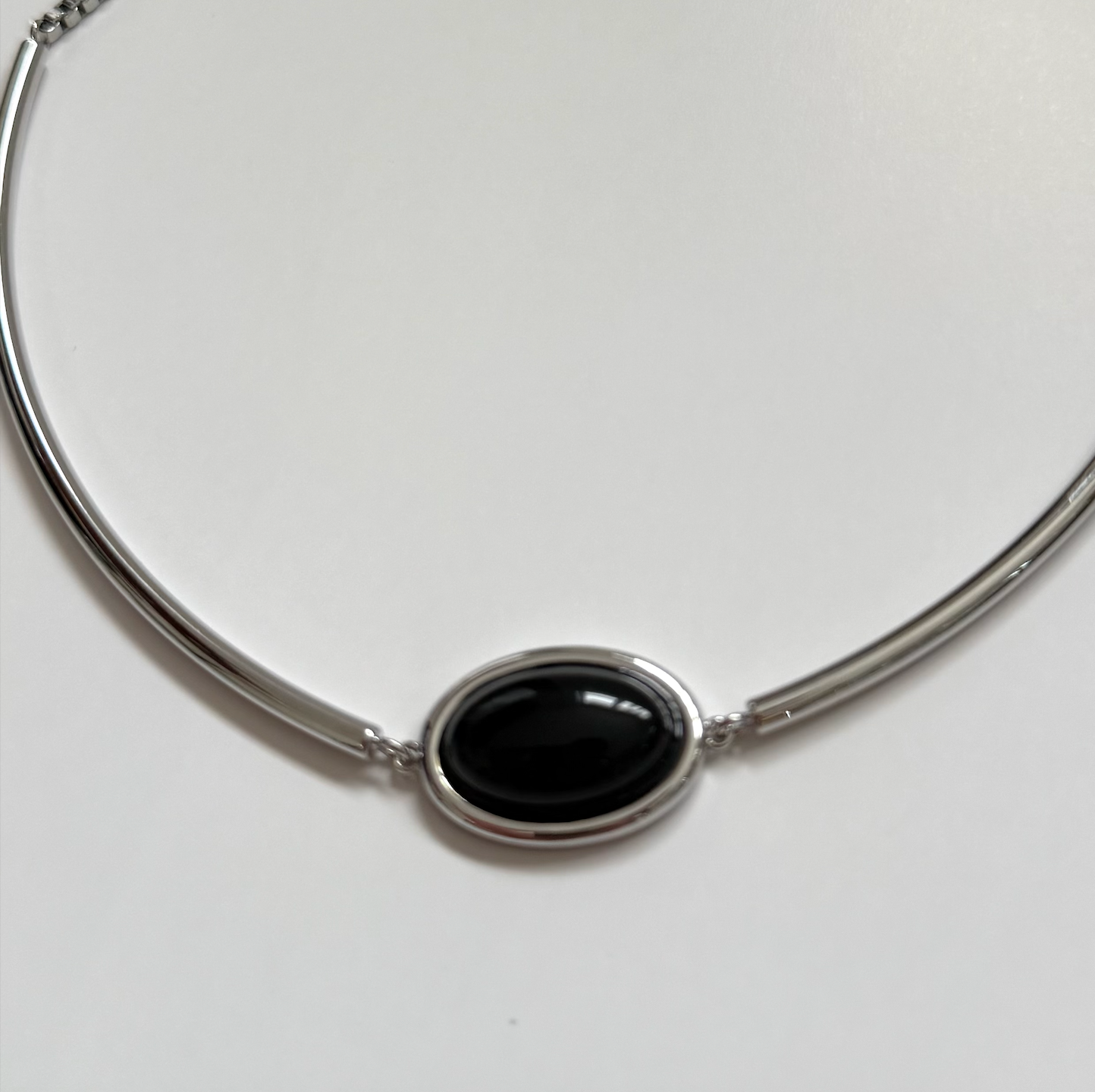 Dainty Silver Choker with Black Oval Enamel Necklace