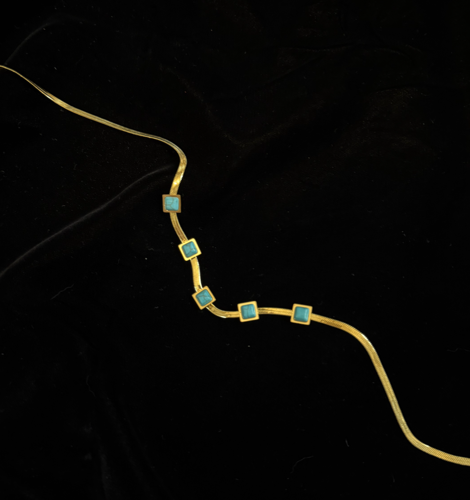 Vintage Bright Gold Flat Snake Choker Necklace With Faux Turquoise Beads