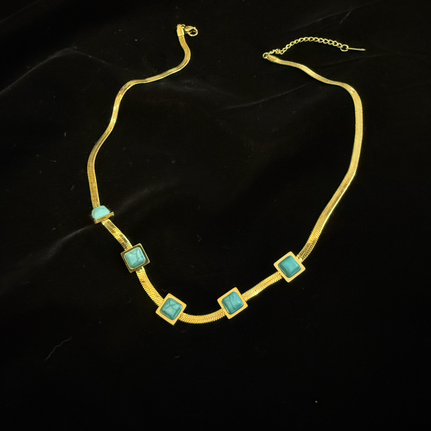 Vintage Bright Gold Flat Snake Choker Necklace With Faux Turquoise Beads