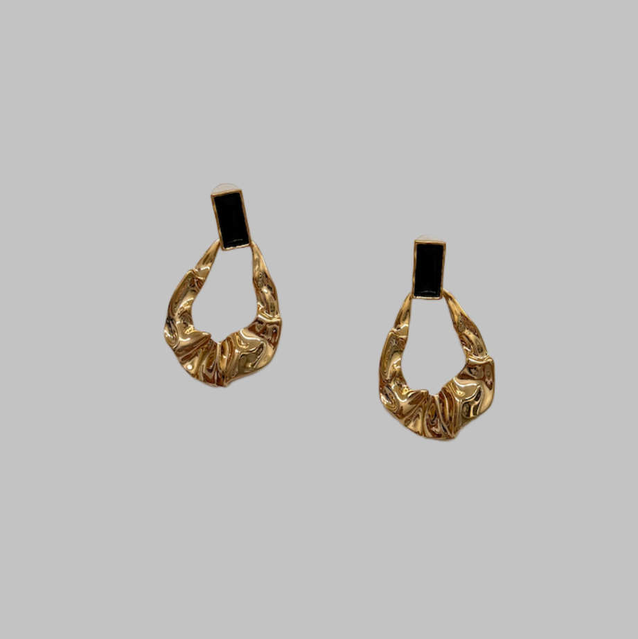 Black Enamel and Gold tone Textured Dangling Hoop Earrings