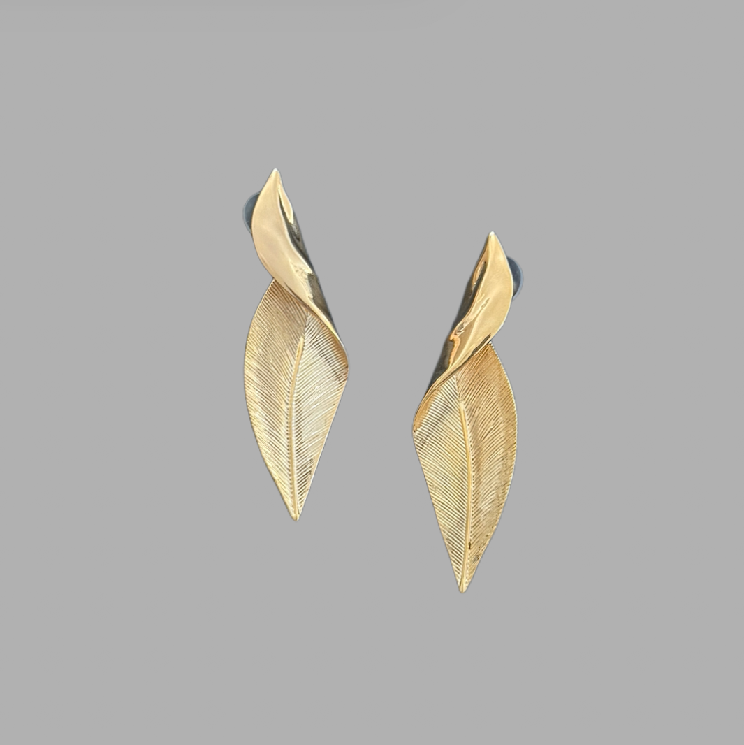 Long Gold toned Leaf Shaped Textured Pierced Earrings