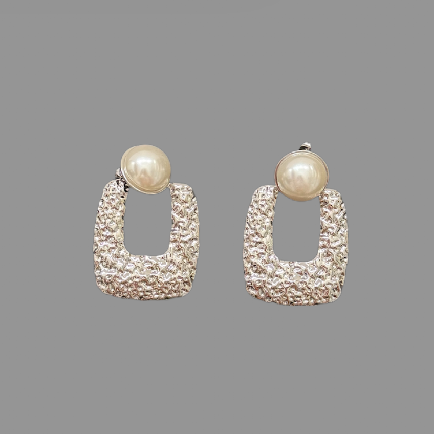 Statement Silver Geometric Earrings with Chunky Faux Pearl