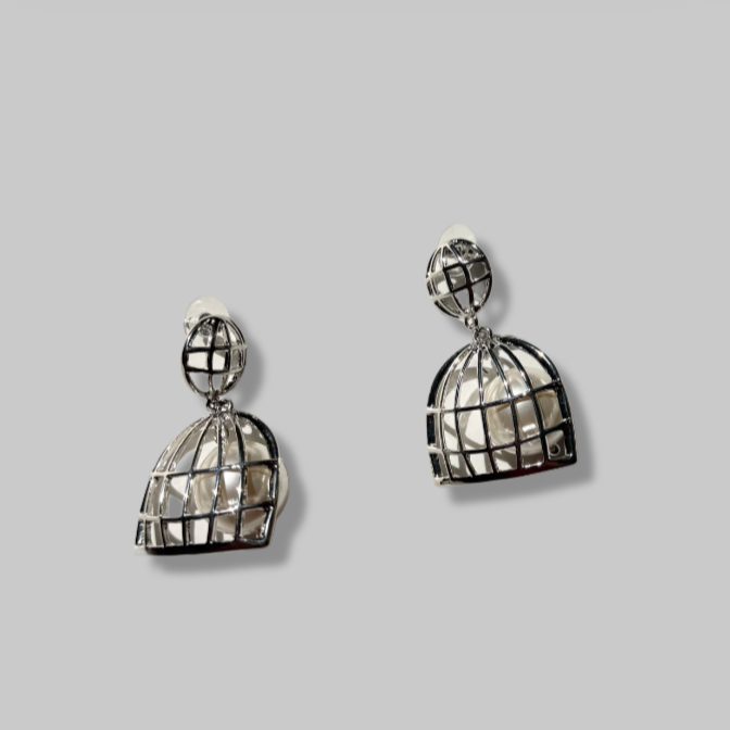 Silver Chunky Cage Pattern with Faux Pearl Earrings (NEW)